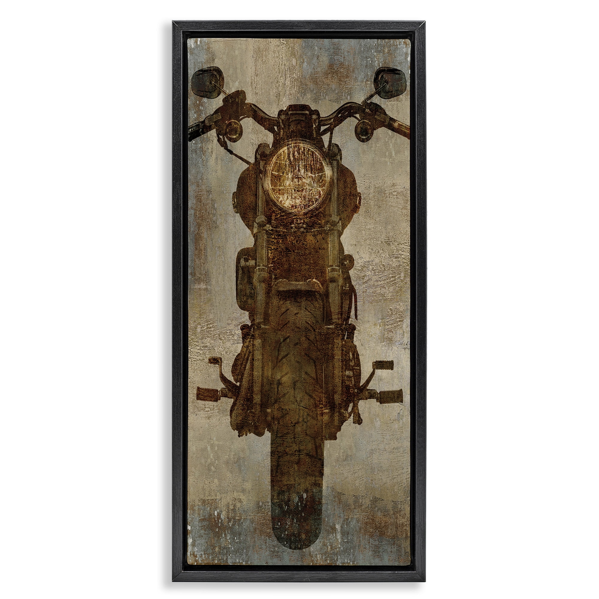 Stupell Industries Motorcycle Silhouette Rustic Pattern Transportation Painting Black Floater Framed Canvas Art Print Wall Art, 11 x 25