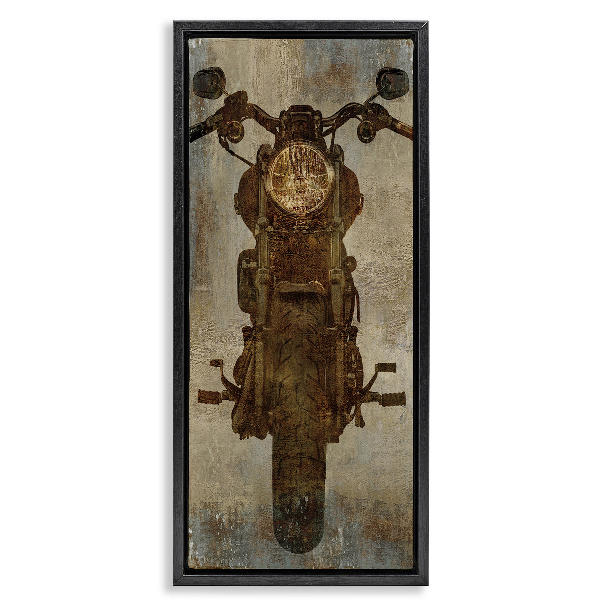Stupell Industries Motorcycle Silhouette Rustic Pattern Transportation Painting Black Floater Framed Canvas Art Print Wall Art, 15 x 31