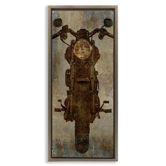 Stupell Industries Motorcycle Silhouette Rustic Pattern Transportation Painting Brown Floater Framed Canvas Art Print Wall Art, 11 x 25