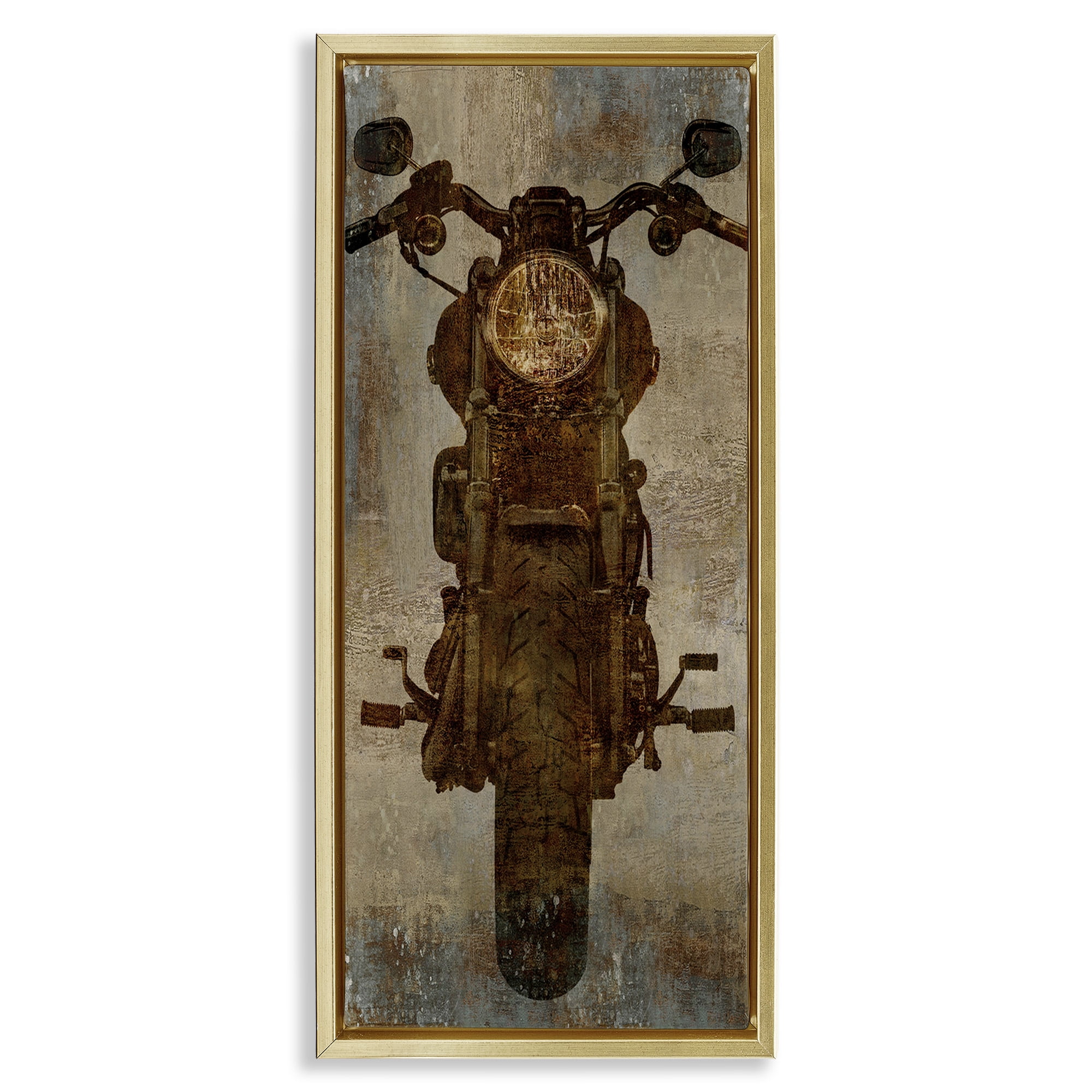 Stupell Industries Motorcycle Silhouette Rustic Pattern Transportation Painting Gold Floater Framed Canvas Art Print Wall Art, 11 x 25