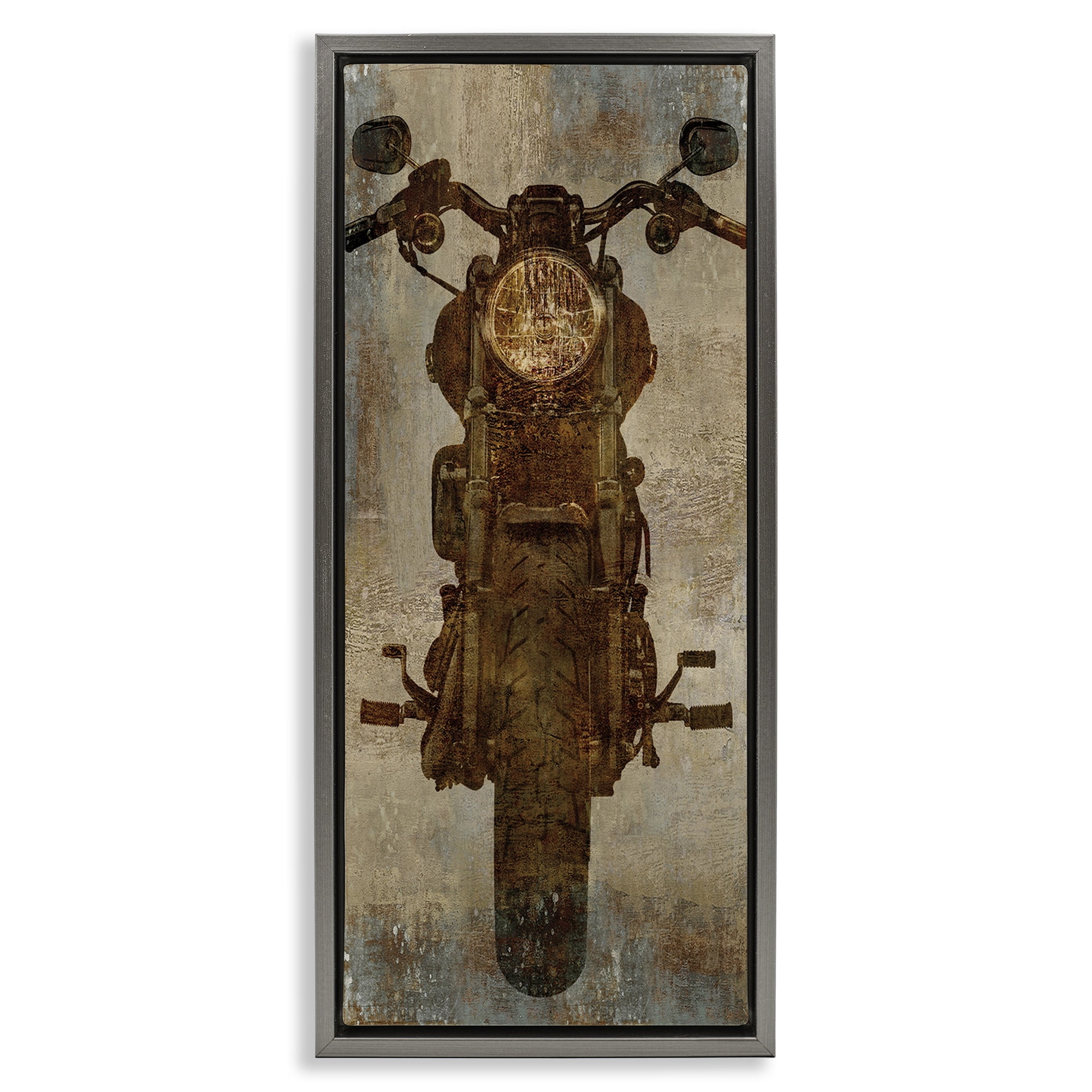 Stupell Industries Motorcycle Silhouette Rustic Pattern Transportation Painting Gray Floater Framed Canvas Art Print Wall Art, 15 x 31