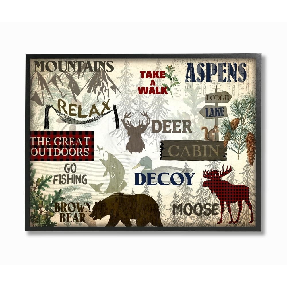 Stupell Industries Mountain Activities Forest Animals Camping Hunting Phrases Framed Wall Art Design by Kim Allen, 16" x 20", Black Framed