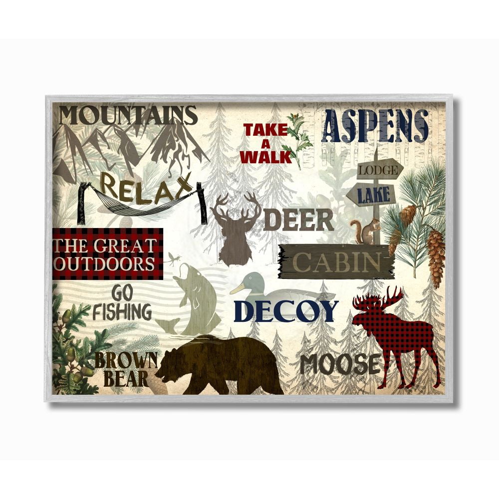 Stupell Industries Mountain Activities Forest Animals Camping Hunting Phrases Framed Wall Art Design by Kim Allen, 16" x 20", Gray Framed