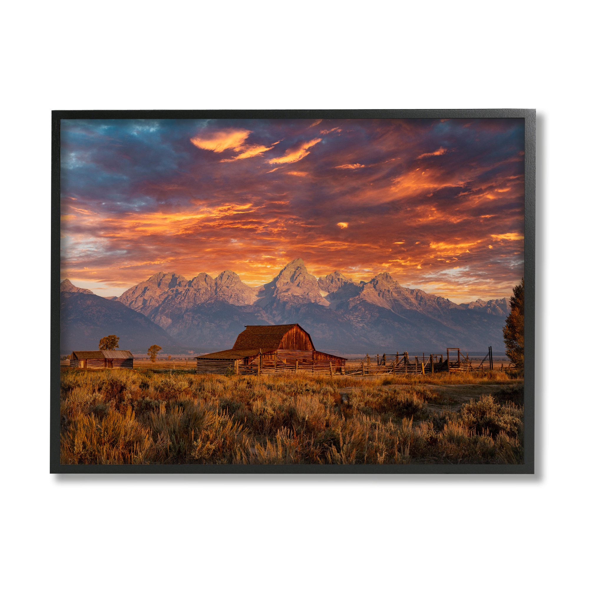 Stupell Industries Mountain Cabin Sunset Landscape Photography Black Framed Art Print Wall Art, 20 x 16