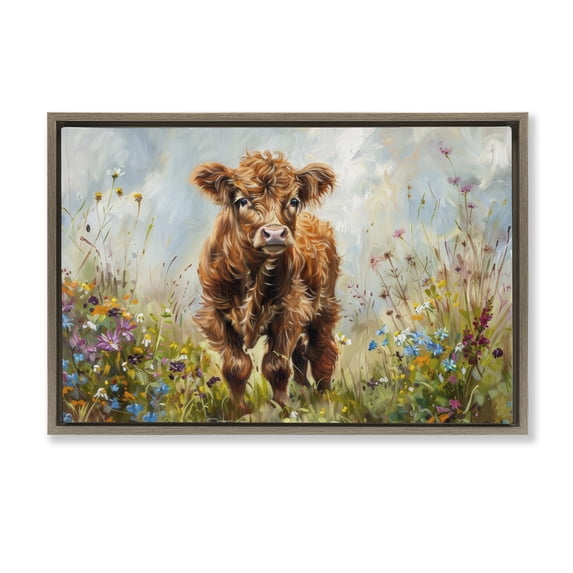 Stupell Industries Rustic Lodge Mountain Cow Scene Brown Floating Frame Canvas Art, 25 x 17, by Petals Prints Design