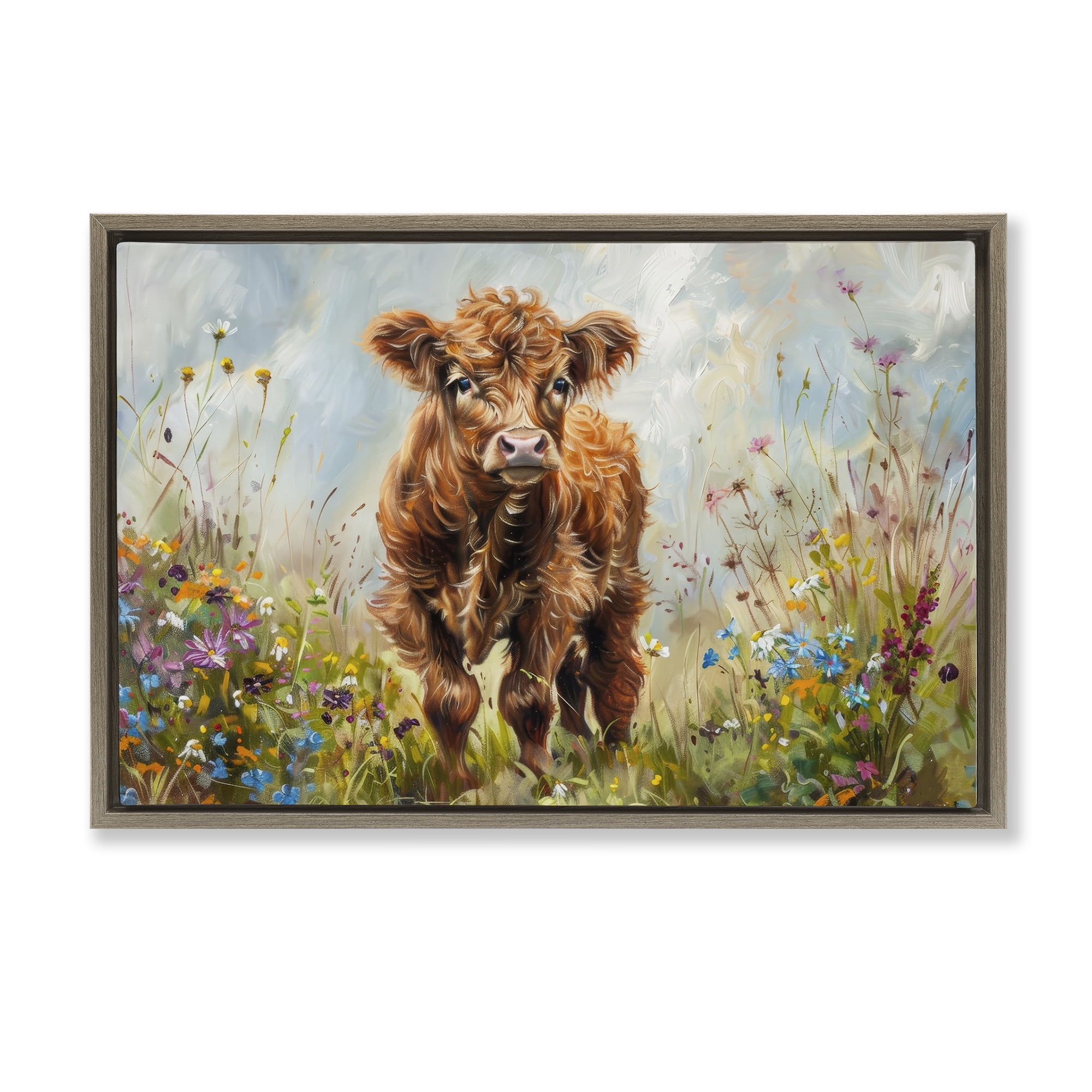 Stupell Industries Mountain Cow Scene Animals & Insects Painting Brown Floater Framed Canvas Art Print Wall Art, 31 x 21