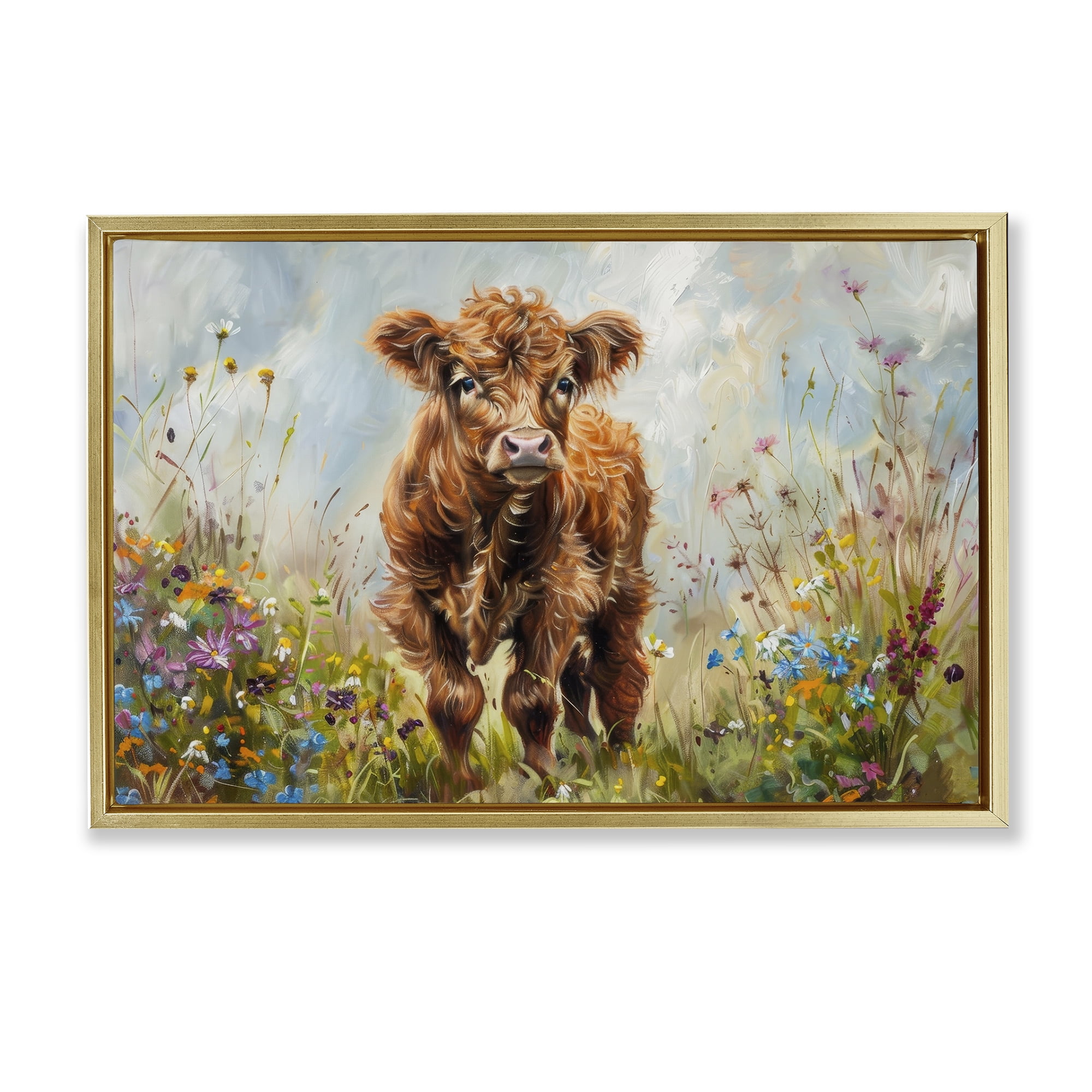 Stupell Industries Mountain Cow Scene Animals & Insects Painting Gold Floater Framed Canvas Art Print Wall Art, 31 x 21