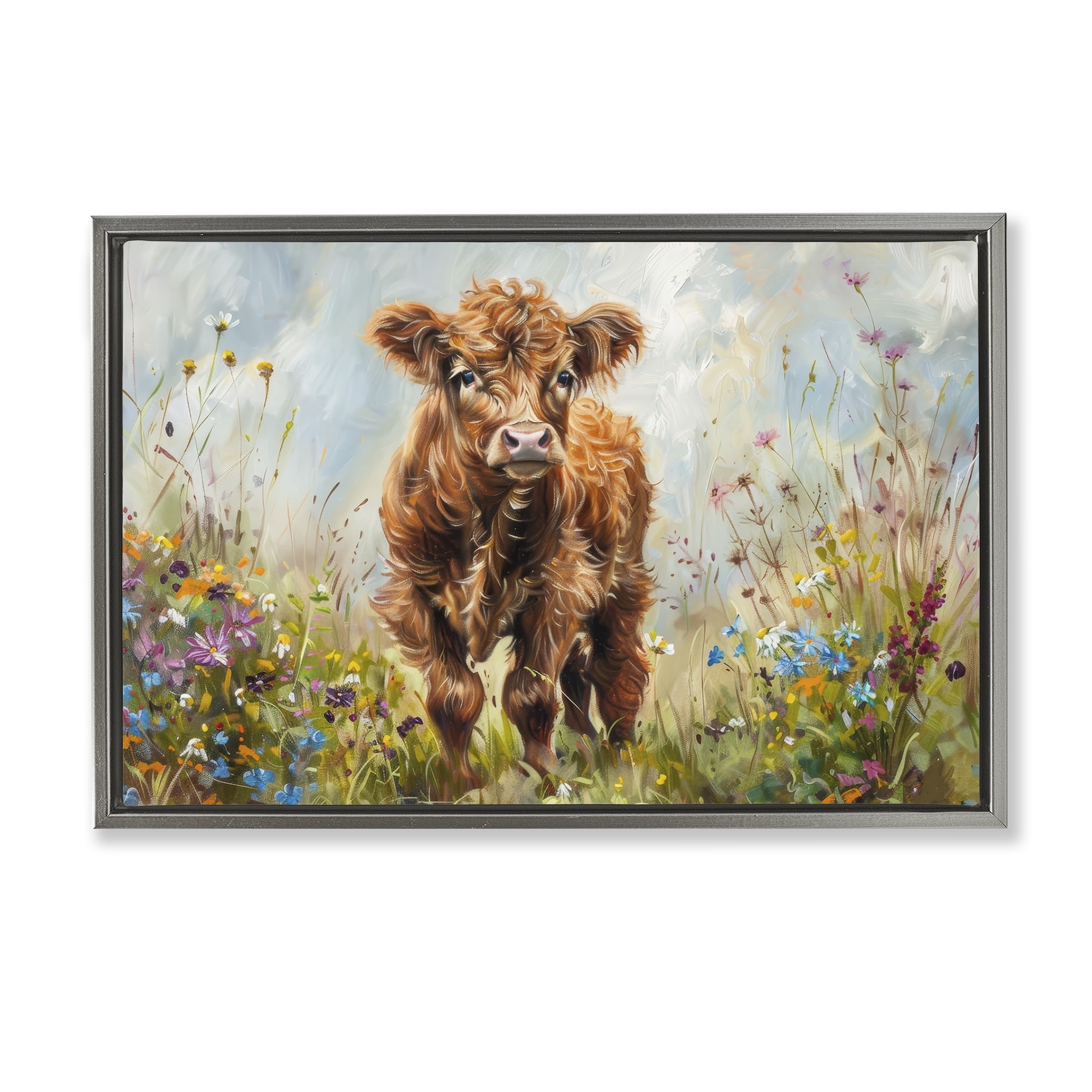 Stupell Industries Mountain Cow Scene Animals & Insects Painting Gray Floater Framed Canvas Art Print Wall Art, 31 x 21