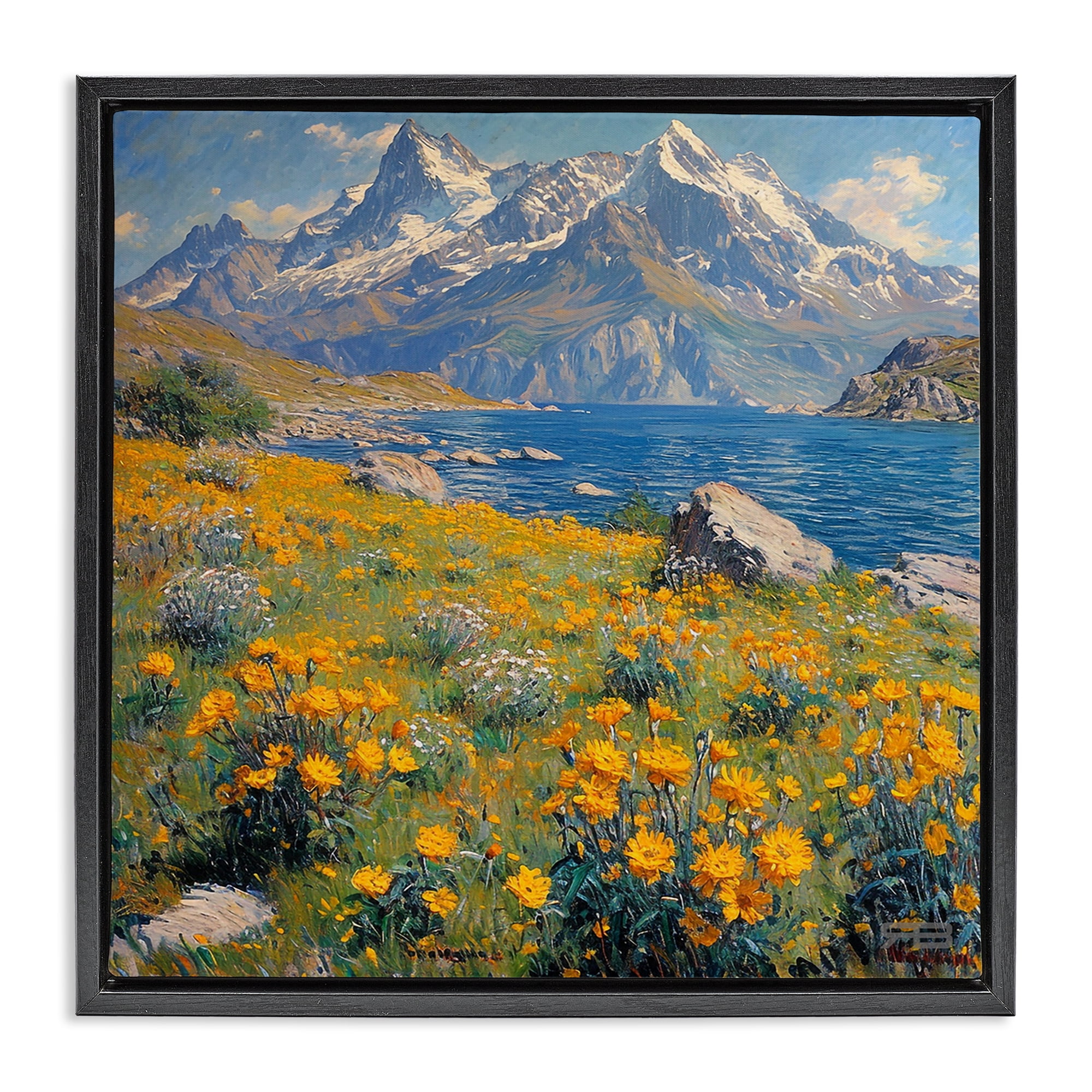 Stupell Industries Mountain Daisy Meadow Landscape & Nature Painting Black Floater Framed Canvas Art Print Wall Art, 25 x 25