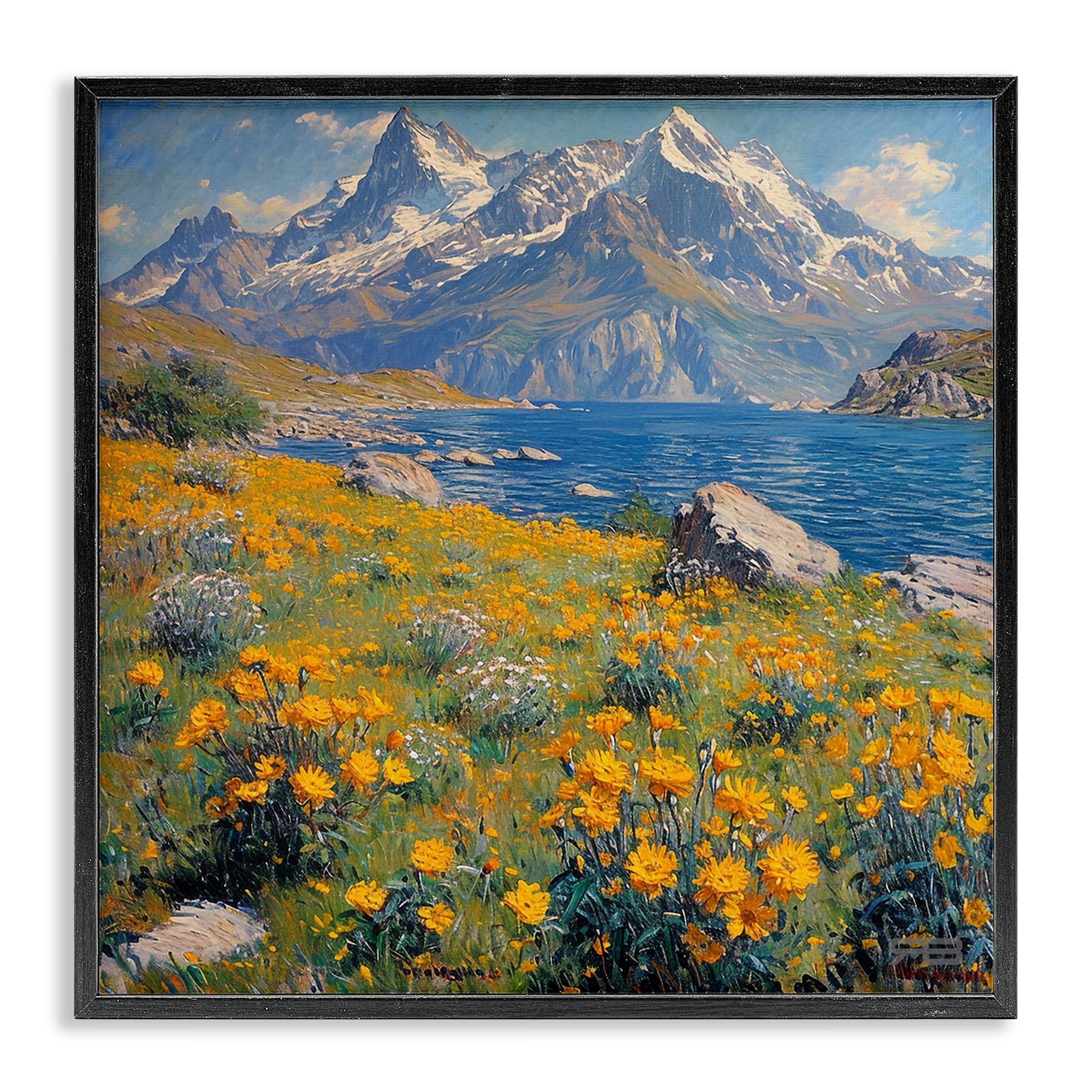 Stupell Industries Mountain Daisy Meadow Landscape & Nature Painting Black Framed Art Print Wall Art, 24 x 24
