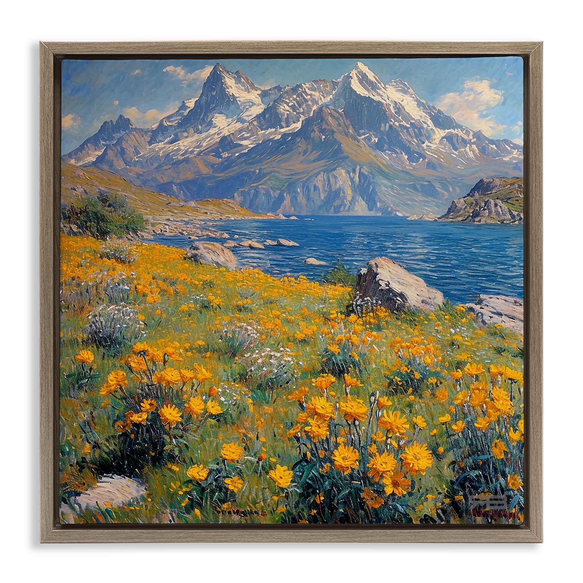 Stupell Industries Mountain Daisy Meadow Landscape & Nature Painting Brown Floater Framed Canvas Art Print Wall Art, 25 x 25