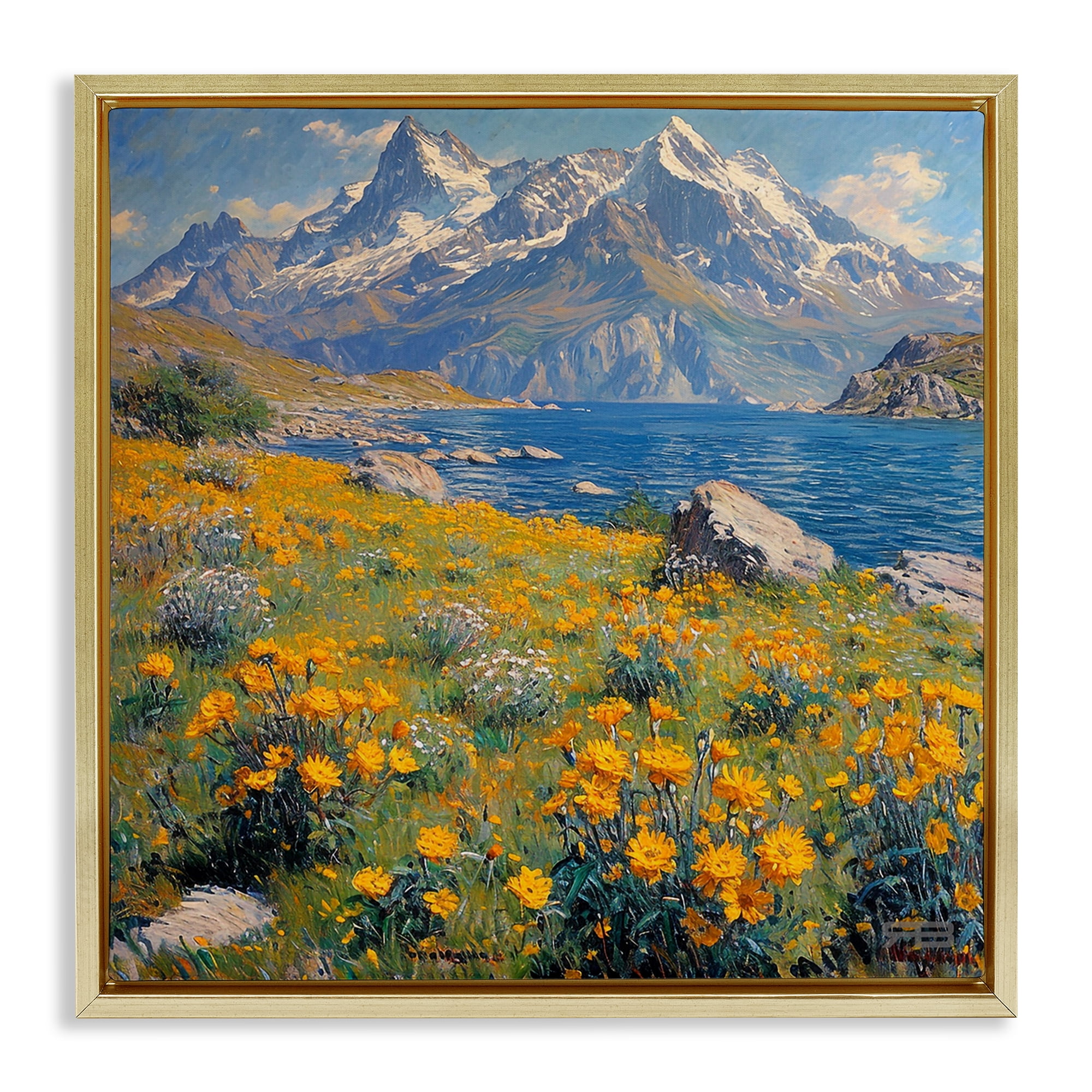Stupell Industries Mountain Daisy Meadow Landscape & Nature Painting Gold Floater Framed Canvas Art Print Wall Art, 25 x 25
