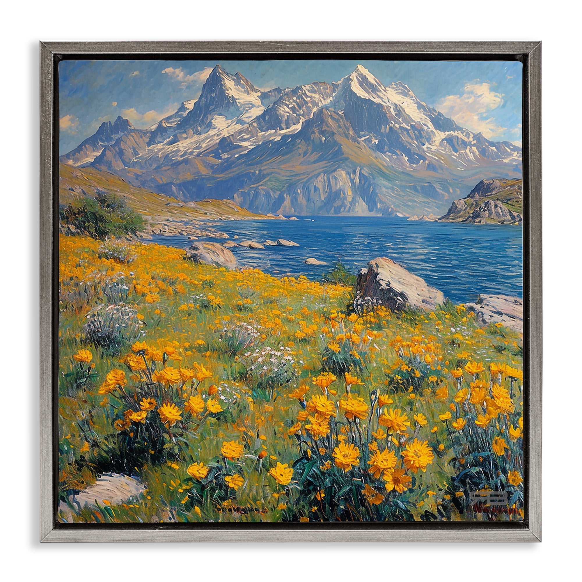 Stupell Industries Mountain Daisy Meadow Landscape & Nature Painting Gray Floater Framed Canvas Art Print Wall Art, 25 x 25
