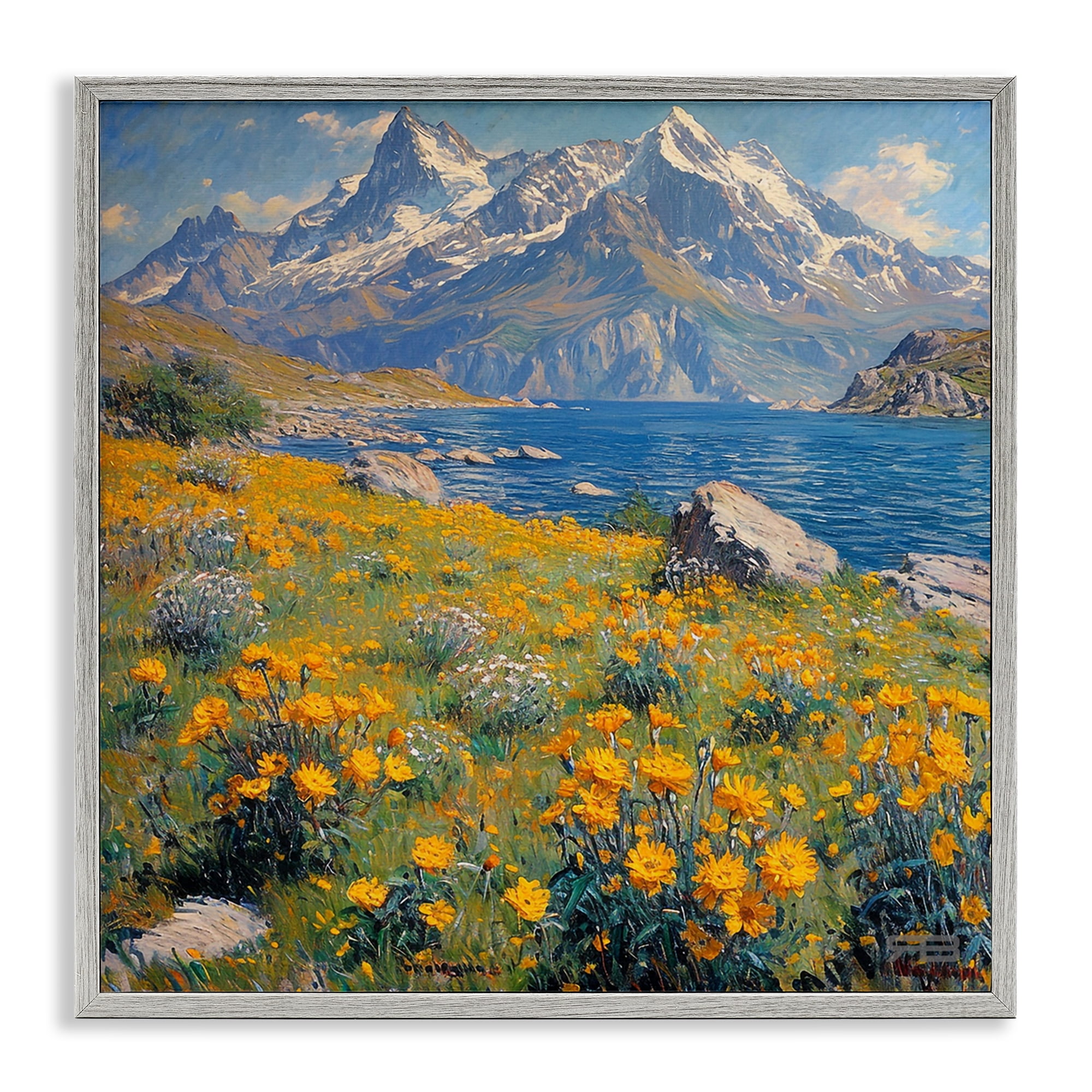 Stupell Industries Mountain Daisy Meadow Landscape & Nature Painting Gray Framed Art Print Wall Art, 17 x 17