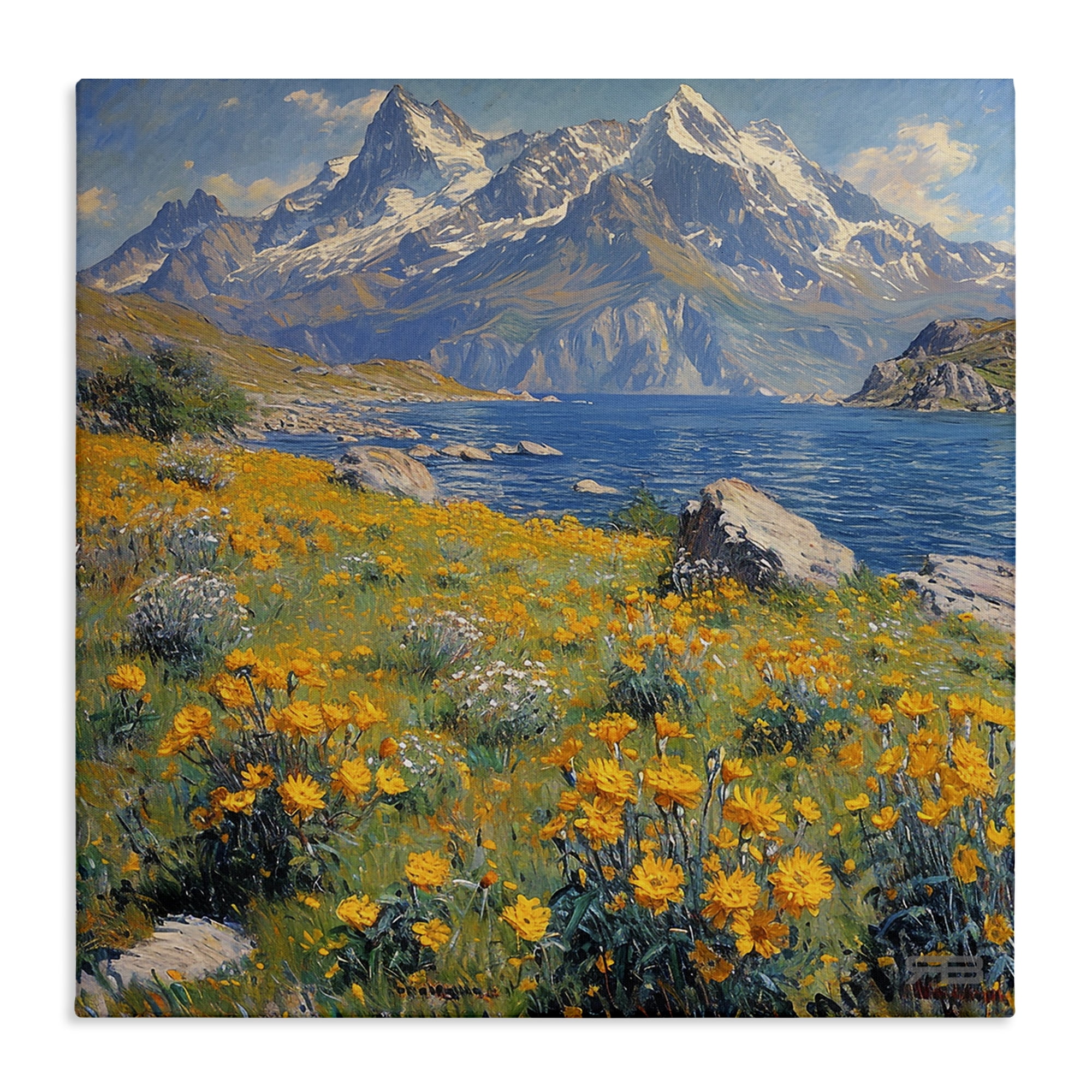 Stupell Industries Mountain Daisy Meadow Landscape & Nature Painting Wrapped Canvas Art Print Wall Art, 17 x 17