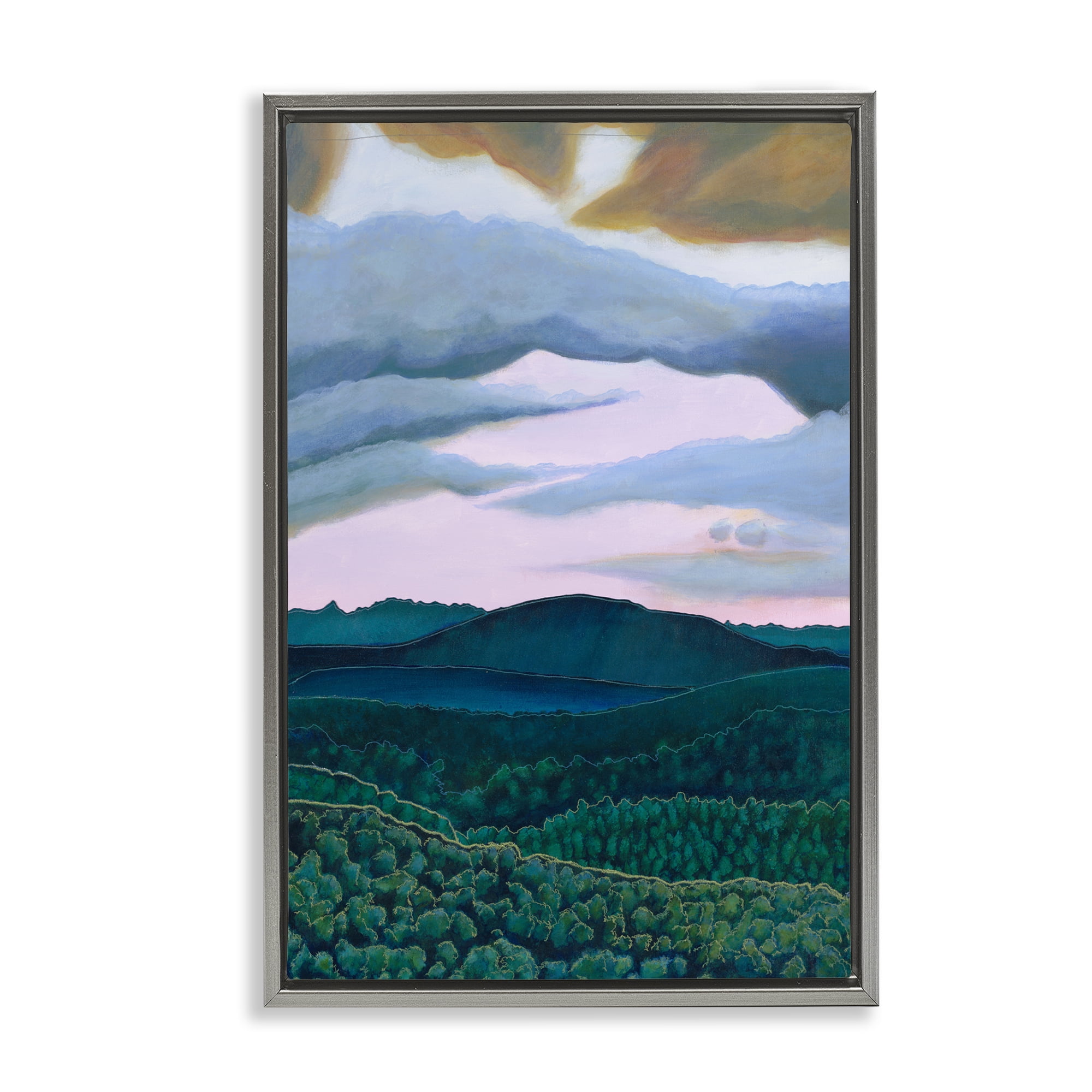 Stupell Industries Mountain Forests From Above Landscape & Nature Painting Gray Floater Framed Canvas Art Print Wall Art, 21 x 31