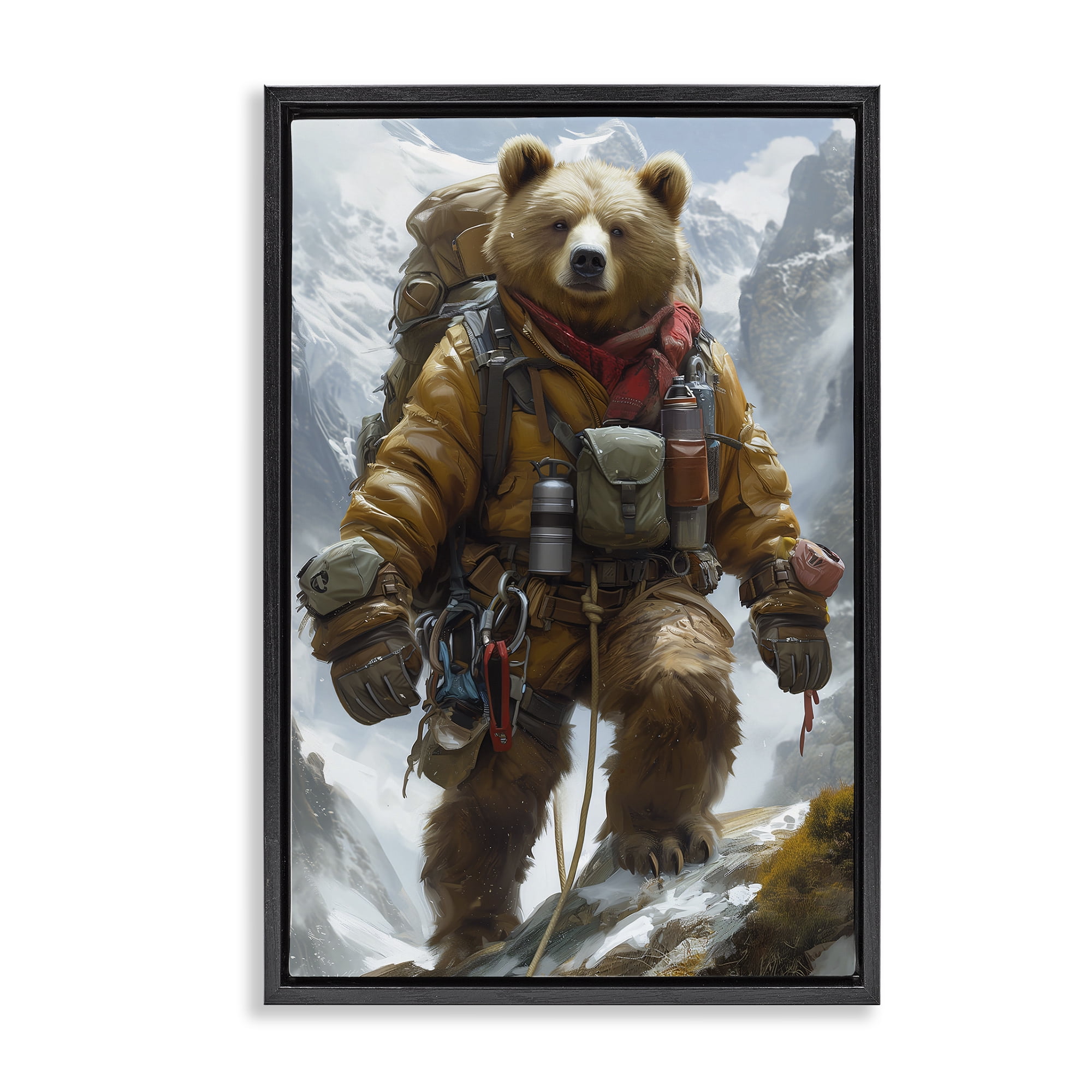 Stupell Industries Mountain Hiking Bear Animals & Insects Painting Black Floater Framed Canvas Art Print Wall Art, 21 x 31