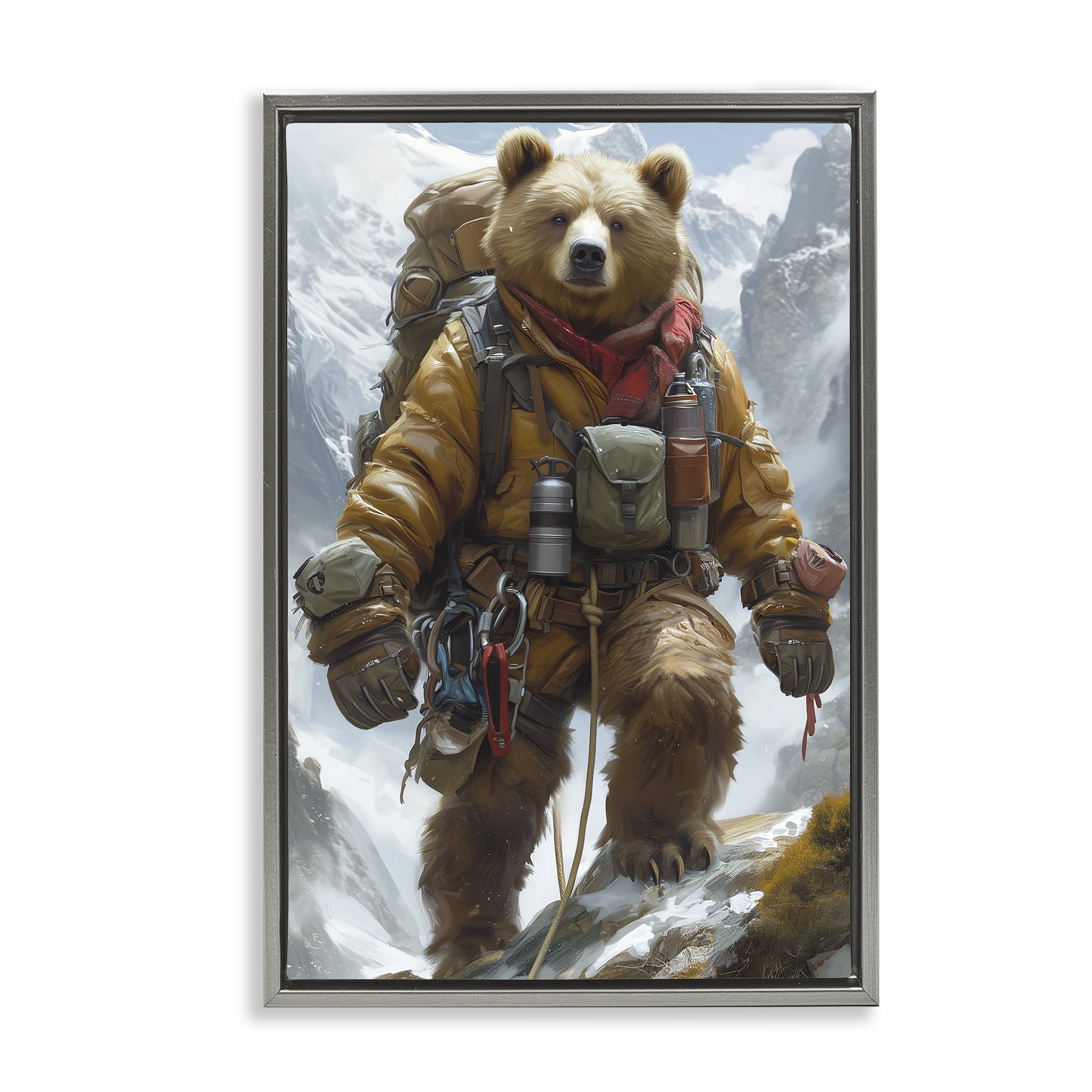 Stupell Industries Mountain Hiking Bear Animals & Insects Painting Gray Floater Framed Canvas Art Print Wall Art, 21 x 31