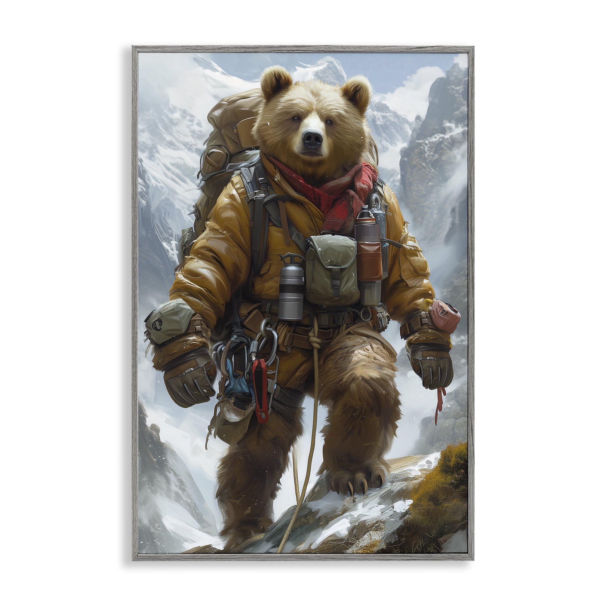 Stupell Industries Mountain Hiking Bear Animals & Insects Painting Gray Framed Art Print Wall Art, 16 x 24