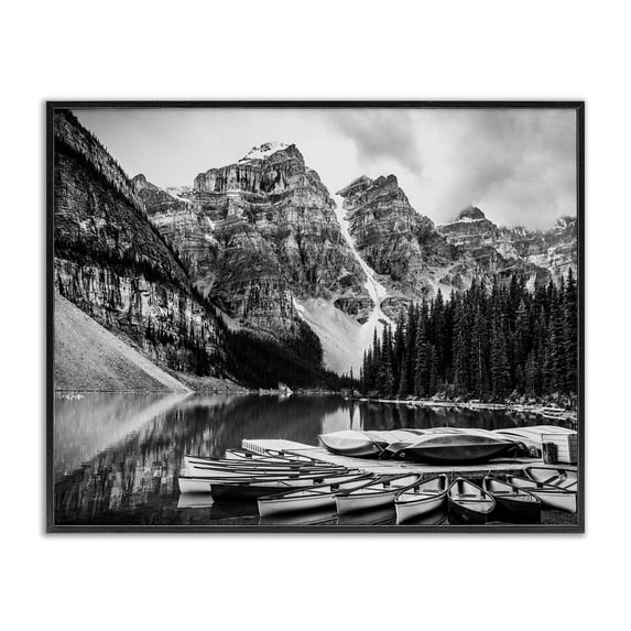 Stupell Industries Coastal Mountain Lake Dock Rowboats Black White Photography Black Framed Giclee Art, 14 x 11, by Daniel Sproul