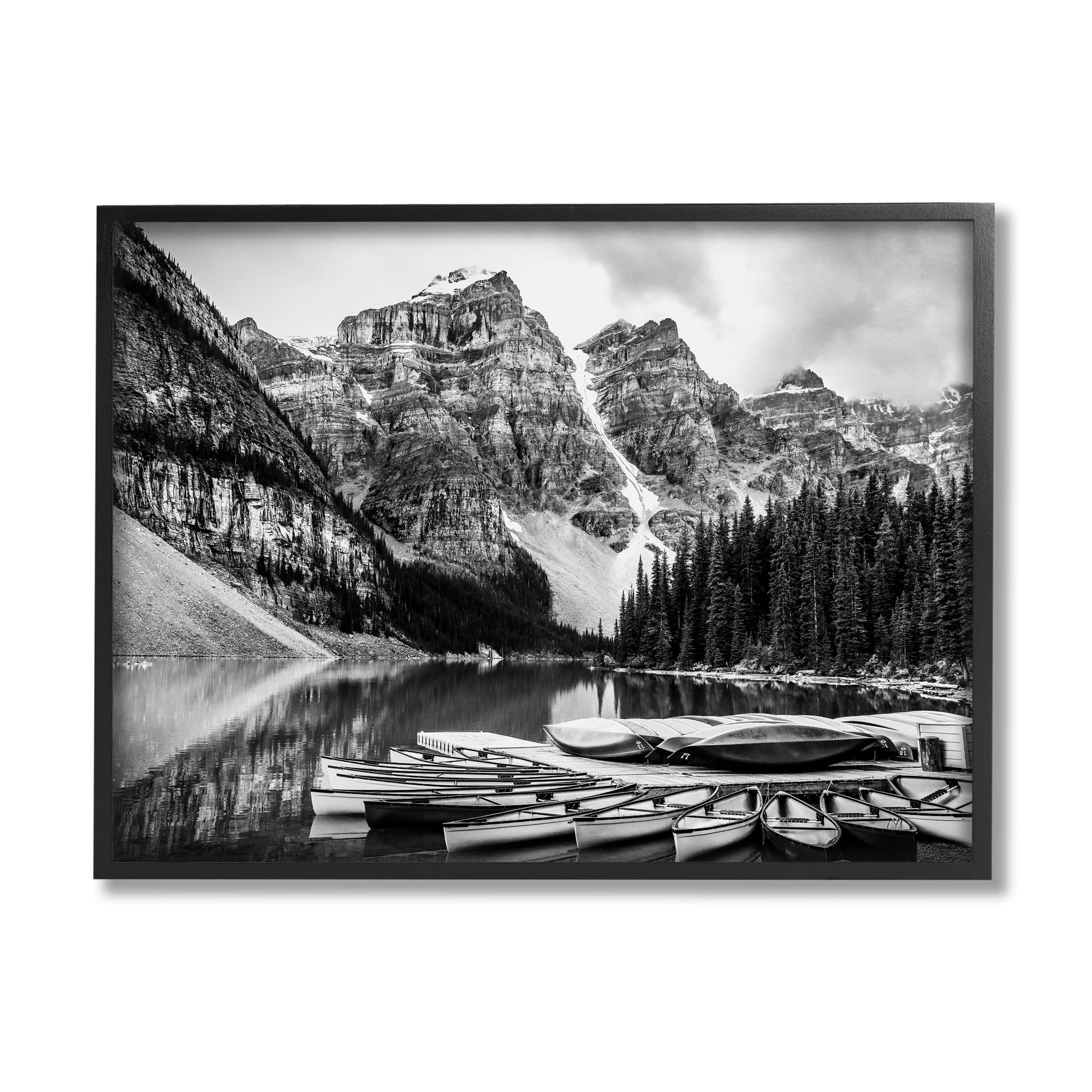 Stupell Industries Mountain Lake Dock Rowboats Black White Photography, 20 x 16, Design by Daniel Sproul