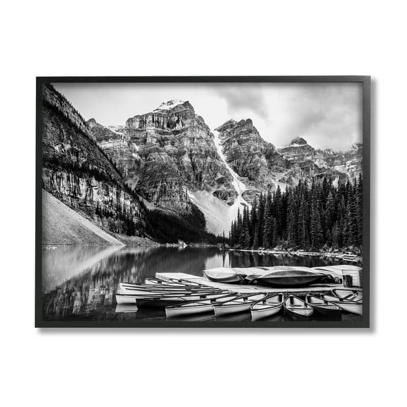 Stupell Industries Mountain Lake Dock Rowboats Black White Photography, 20 x 16, Design by Daniel Sproul