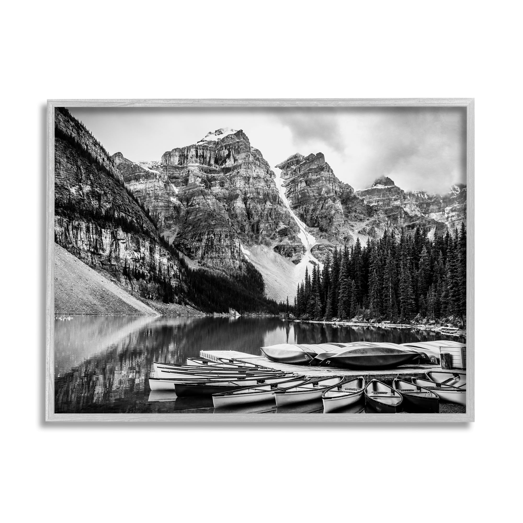 Stupell Industries Mountain Lake Dock Rowboats Black White Photography, 30 x 24, Design by Daniel Sproul