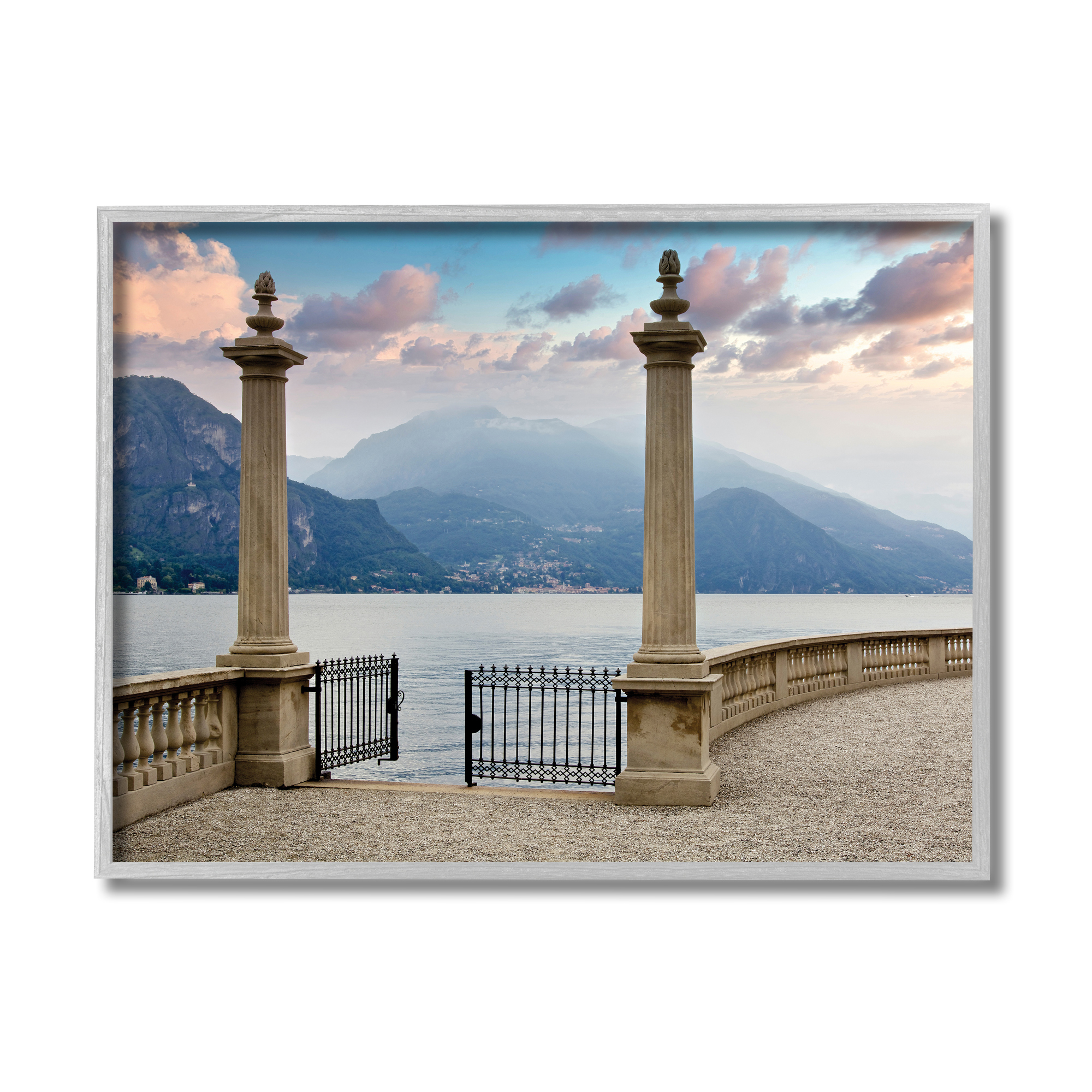 Stupell Industries Mountain Lake Landscape Italian Column Architecture Abstract Photography Gray Framed Art Print Wall Art, 11 x 14