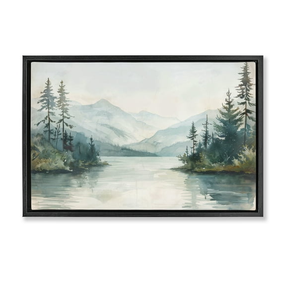 Stupell Industries Mountain Lake in Springtime Landscape & Nature Painting Black Floater Framed Canvas Art Print Wall Art, 25 x 17