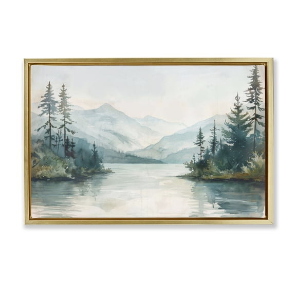 Stupell Industries Mountain Lake in Springtime Landscape & Nature Painting Gold Floater Framed Canvas Art Print Wall Art, 25 x 17
