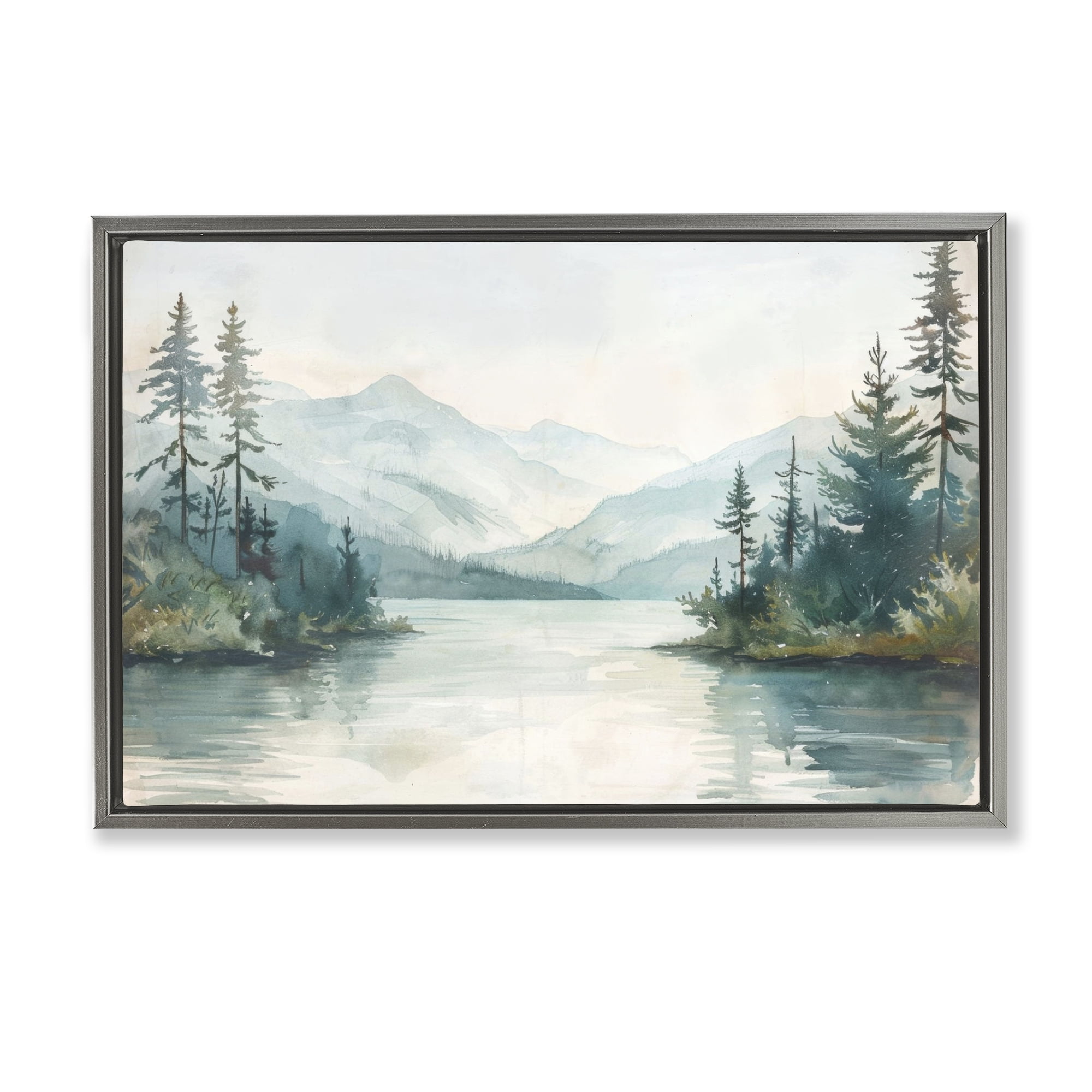 Stupell Industries Mountain Lake in Springtime Landscape & Nature Painting Gray Floater Framed Canvas Art Print Wall Art, 31 x 21