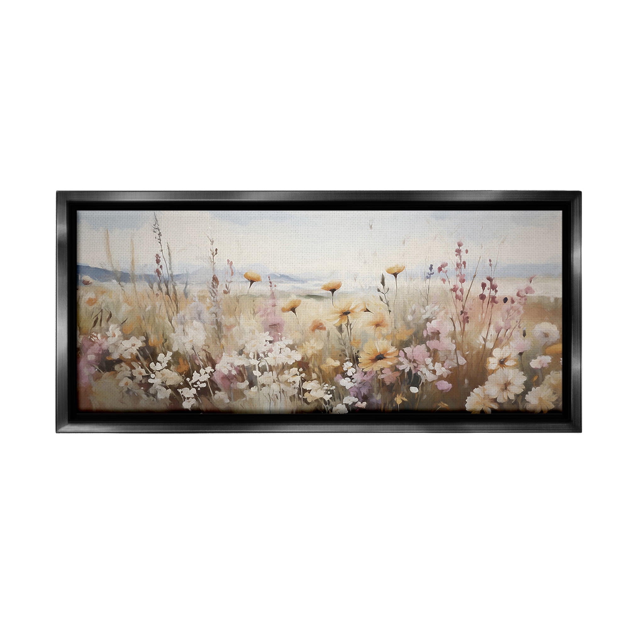 Stupell Industries Mountain Meadow Blooms Botanical & Floral Painting Black Floater Framed Canvas Art Print Wall Art, 25 x 11