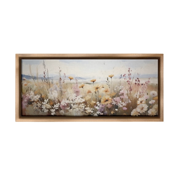 Stupell Industries Mountain Meadow Blooms Botanical & Floral Painting Brown Floater Framed Canvas Art Print Wall Art, 25 x 11