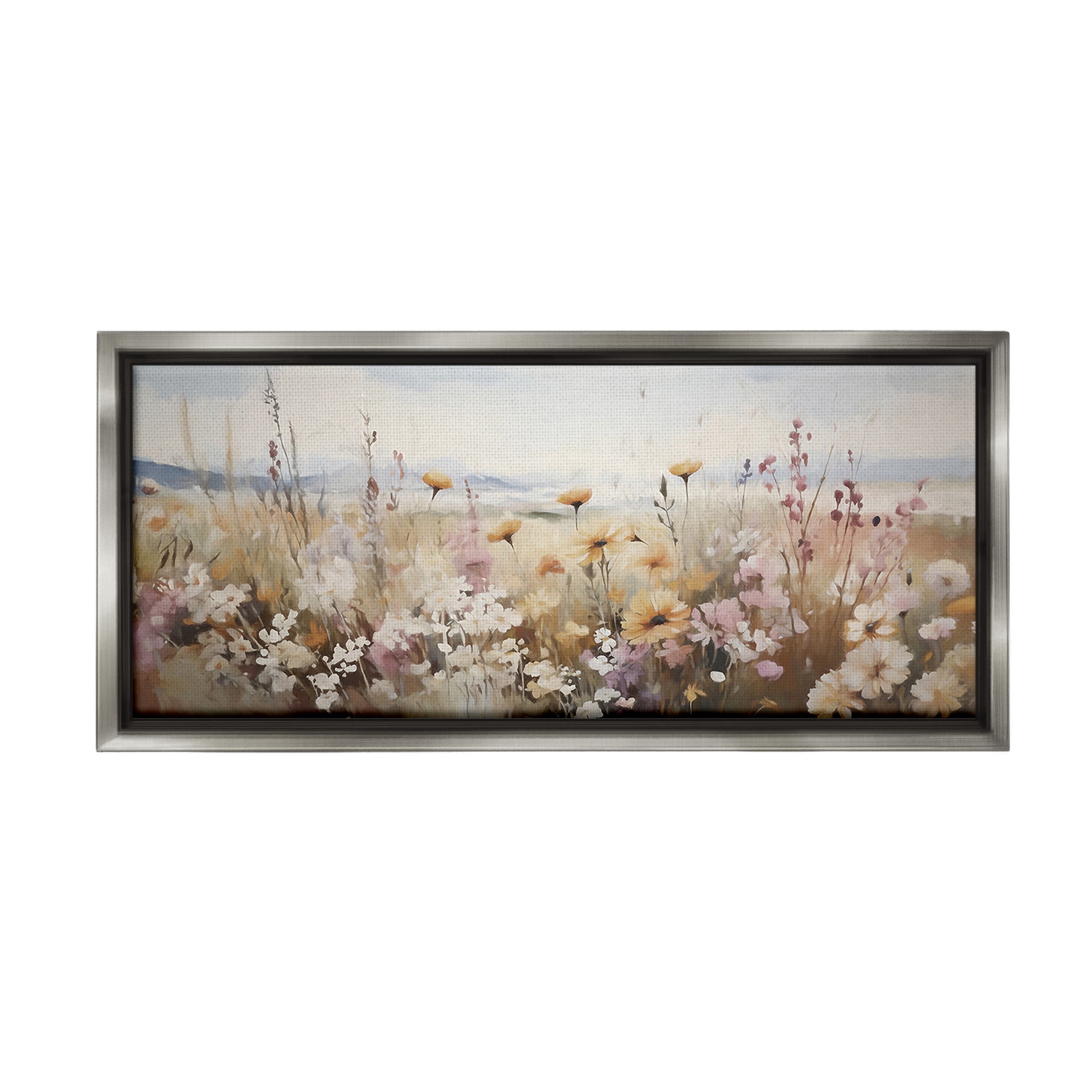 Stupell Industries Mountain Meadow Blooms Botanical & Floral Painting Gray Floater Framed Canvas Art Print Wall Art, 31 x 14