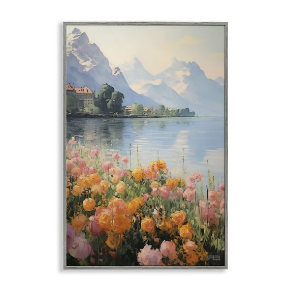 Stupell Industries Mountain Meadow Outskirts Landscape Painting Gray Framed Art Print Wall Art, 16 x 24