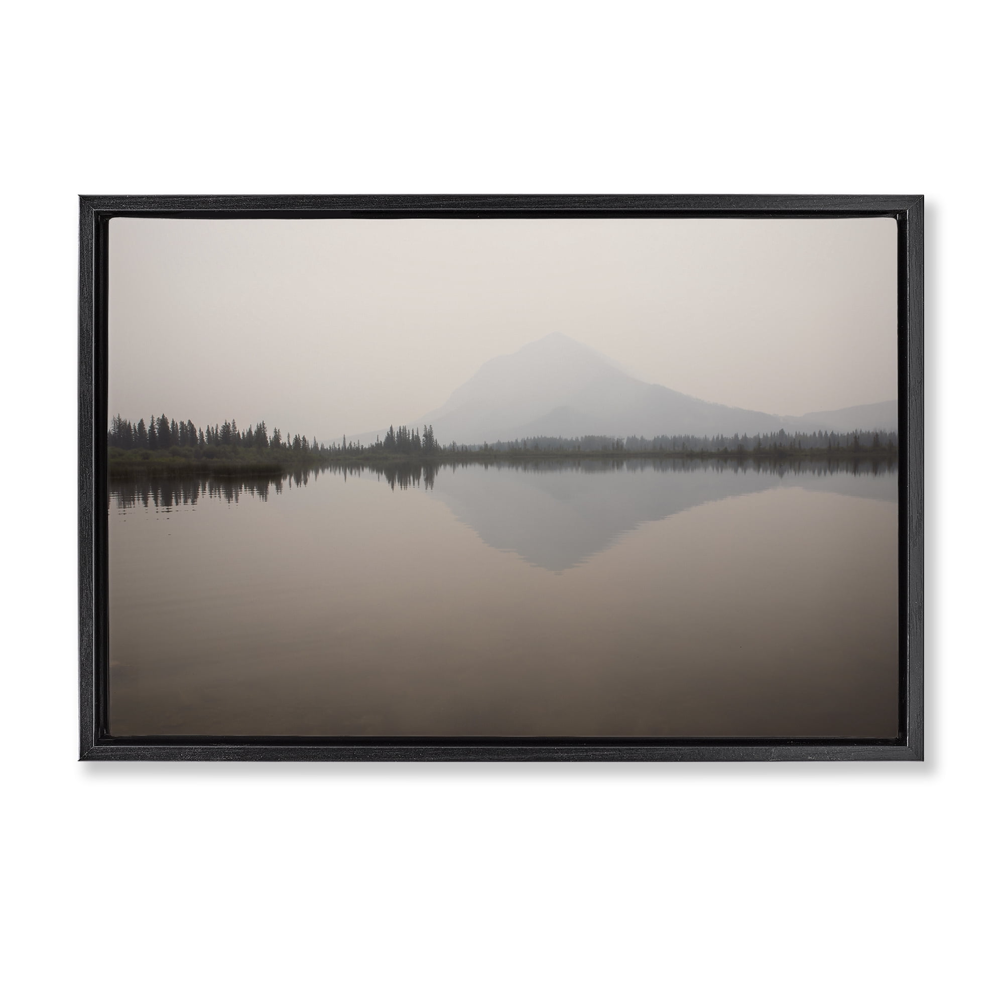 Stupell Industries Mountain Peak Reflecting Lake Landscape & Nature Photography Black Floater Framed Canvas Art Print Wall Art, 25 x 17