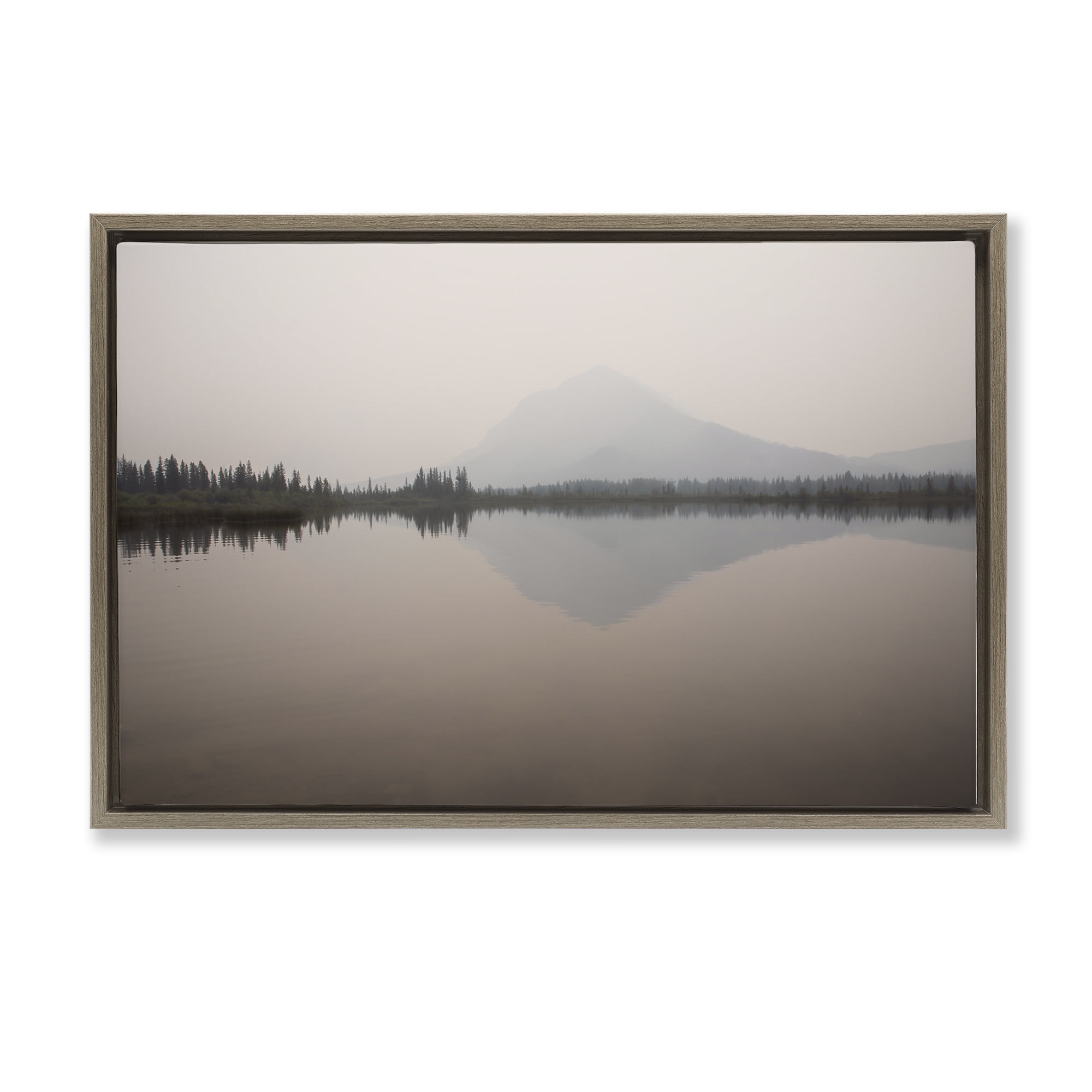 Stupell Industries Mountain Peak Reflecting Lake Landscape & Nature Photography Brown Floater Framed Canvas Art Print Wall Art, 31 x 21