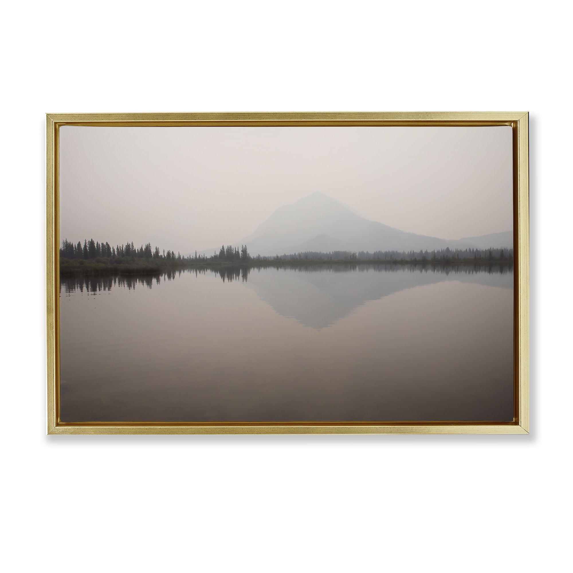Stupell Industries Mountain Peak Reflecting Lake Landscape & Nature Photography Gold Floater Framed Canvas Art Print Wall Art, 25 x 17