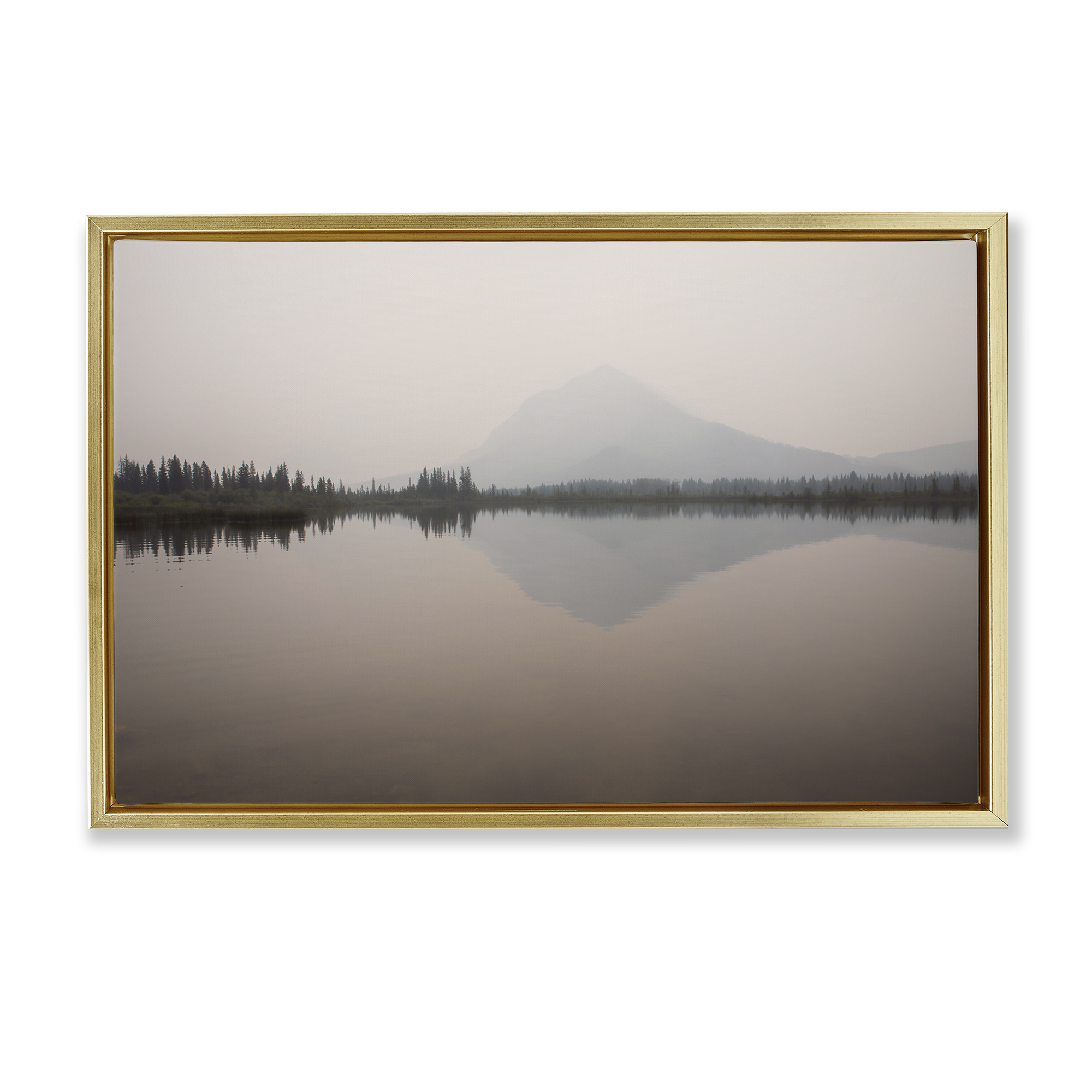 Stupell Industries Mountain Peak Reflecting Lake Landscape & Nature Photography Gold Floater Framed Canvas Art Print Wall Art, 31 x 21