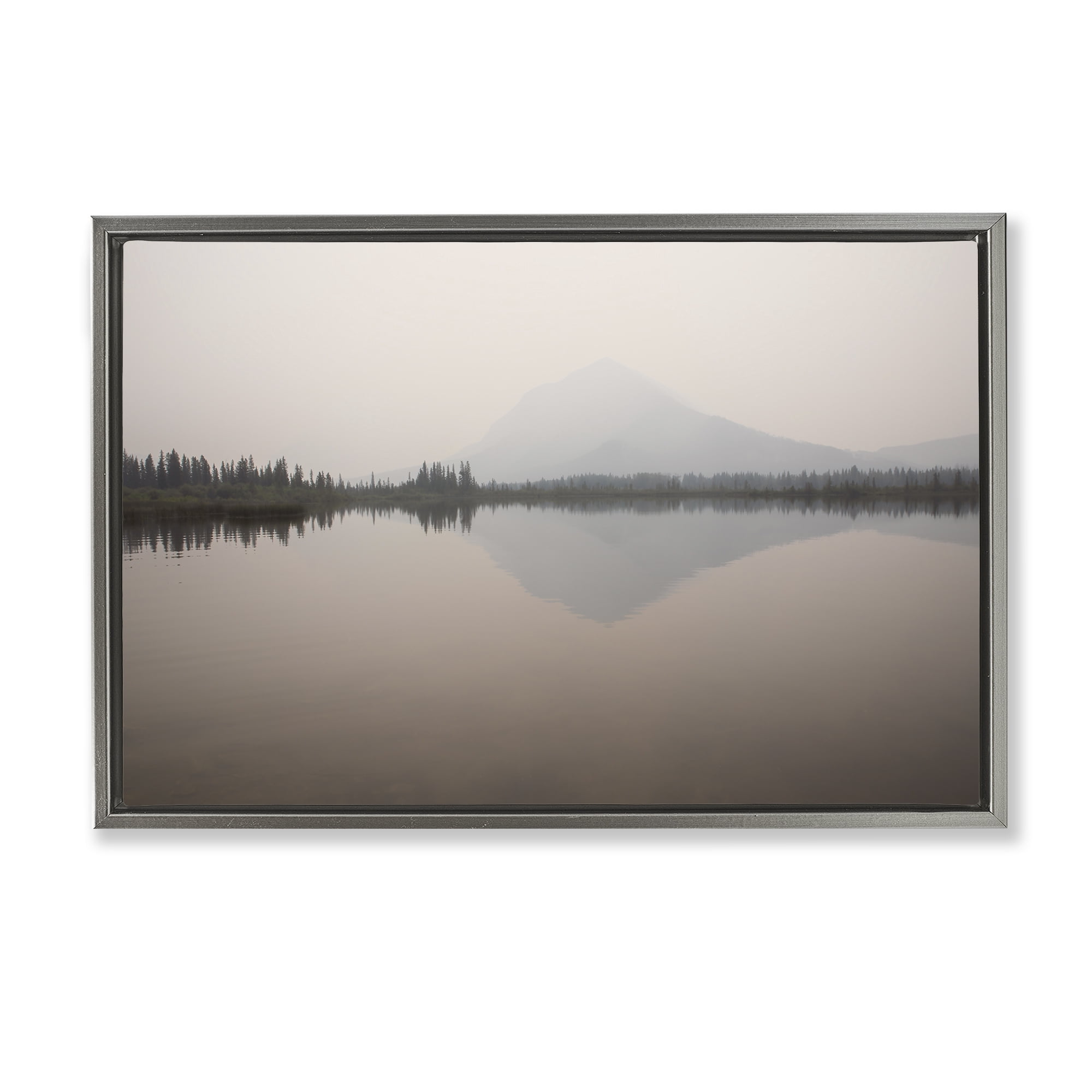 Stupell Industries Mountain Peak Reflecting Lake Landscape & Nature Photography Gray Floater Framed Canvas Art Print Wall Art, 25 x 17
