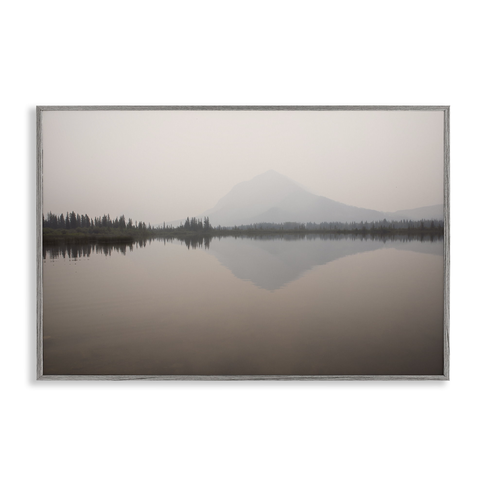 Stupell Industries Mountain Peak Reflecting Lake Landscape & Nature Photography Gray Framed Art Print Wall Art, 24 x 16