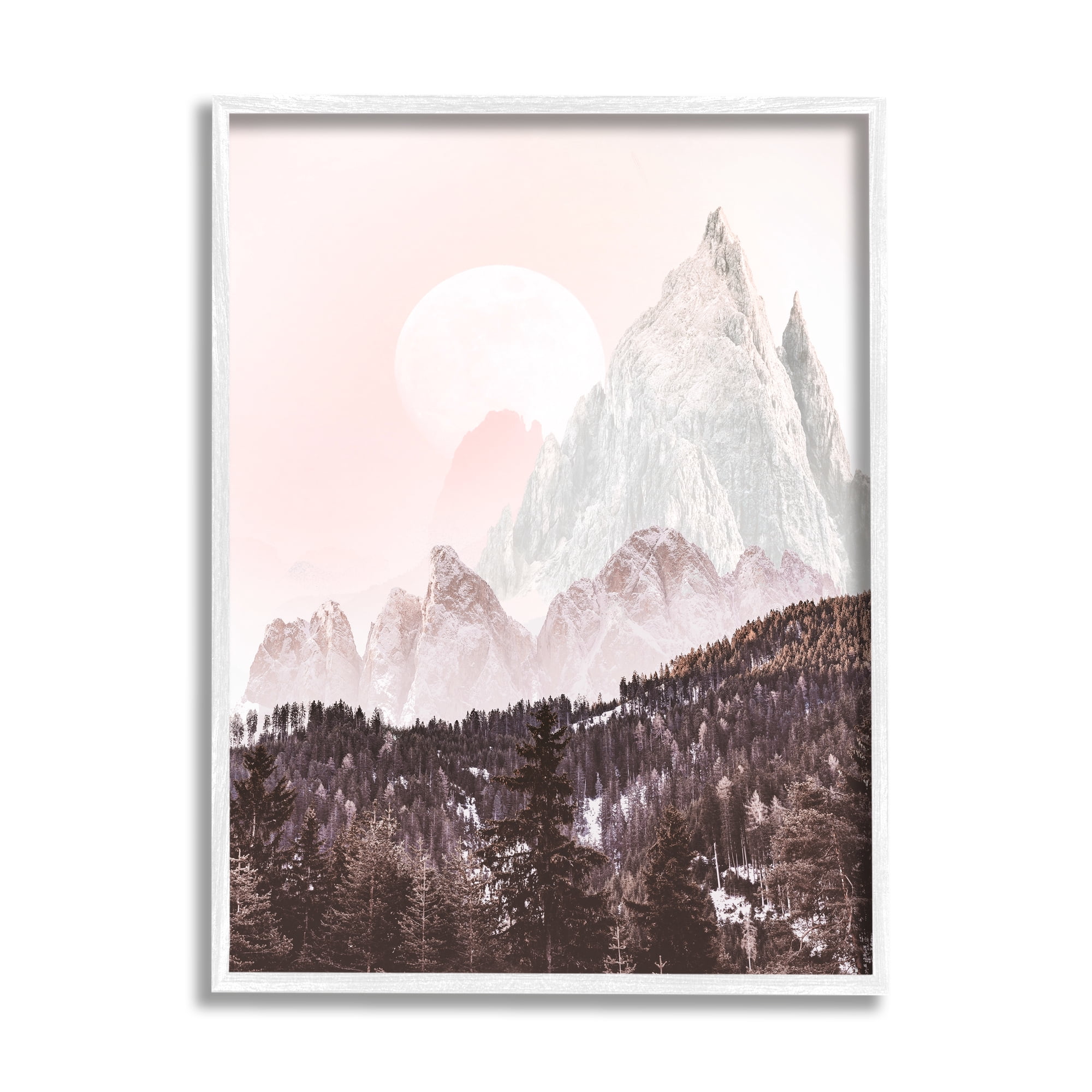 Stupell Industries Mountain Peak Tree Forest Landscape Monochromatic Sun Landscape Photography White Framed Art Print Wall Art, 24 x 30