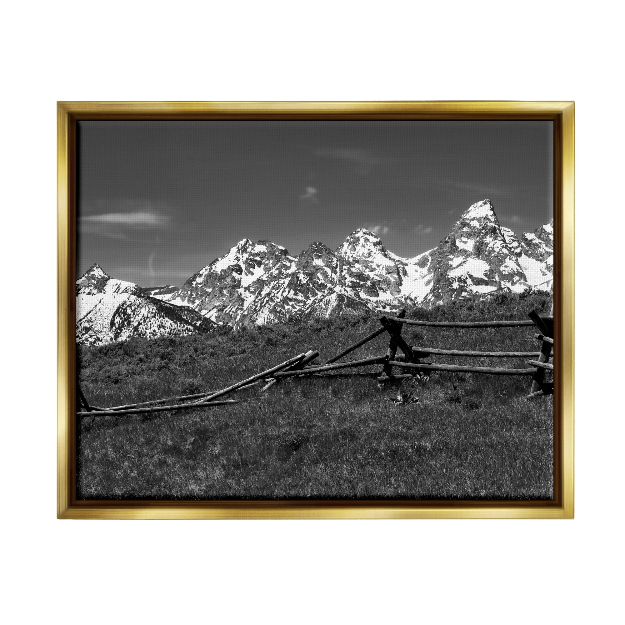 Stupell Industries Mountain Peaks & Fence Landscape Photography Gold Floater Framed Canvas Art Print Wall Art, 21 x 17