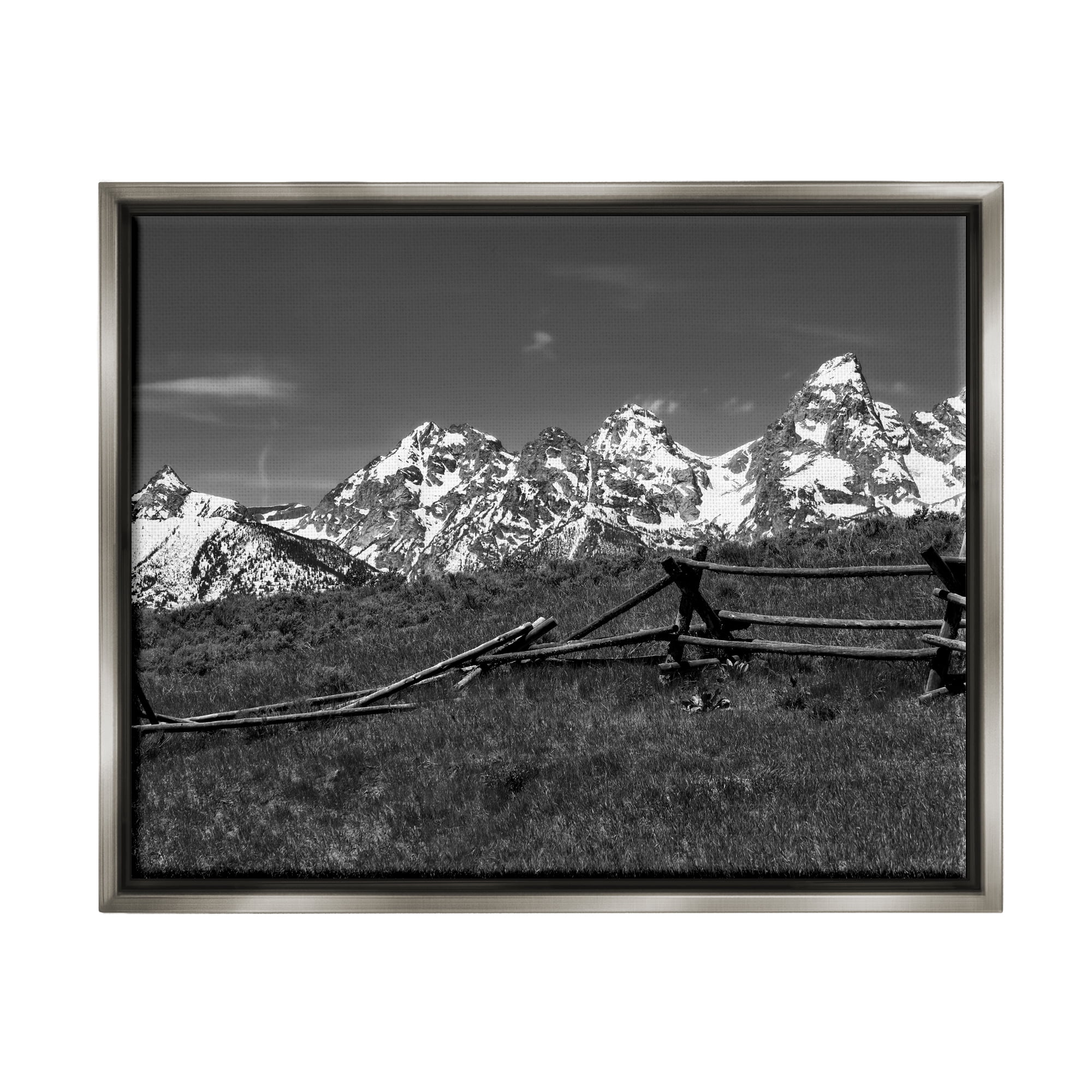 Stupell Industries Mountain Peaks & Fence Landscape Photography Gray Floater Framed Canvas Art Print Wall Art, 31 x 25
