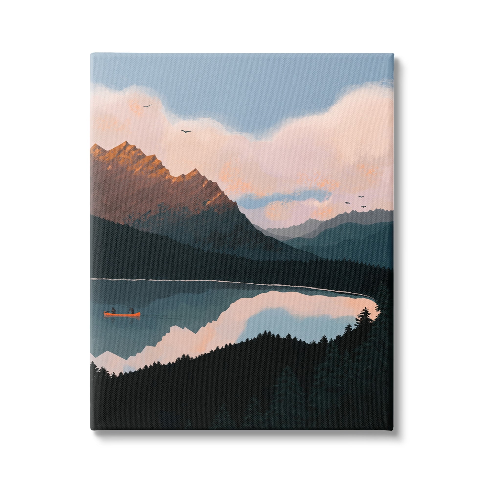 Mountain Range River Canoe Wilderness Birds Canvas Wall Art