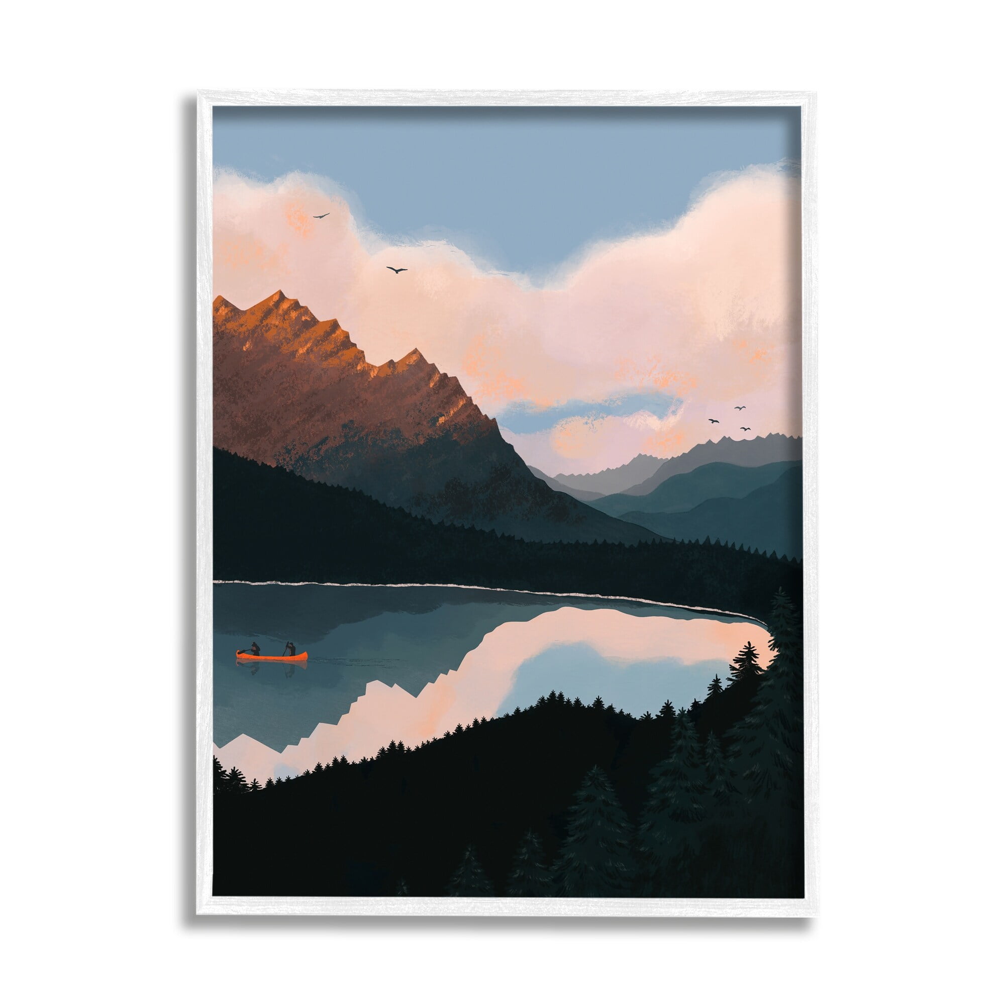 Mountain Range River Canoe Scene in Black Frame, 11 x 14