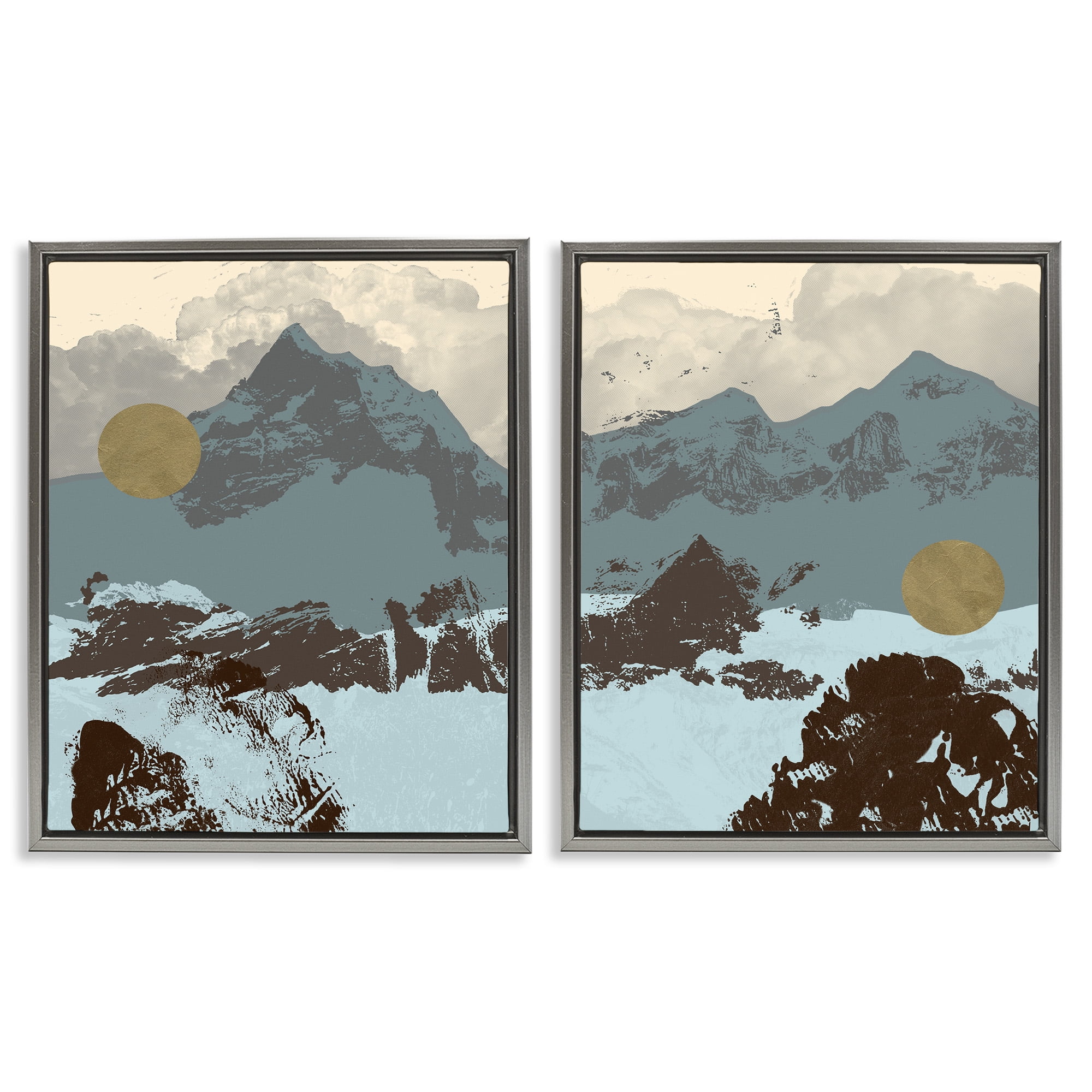 Stupell Industries Mountain Range over Abstract Landscape Painting Gray Floater Framed Canvas Art Print Wall Art, 25 x 31, Set of 2