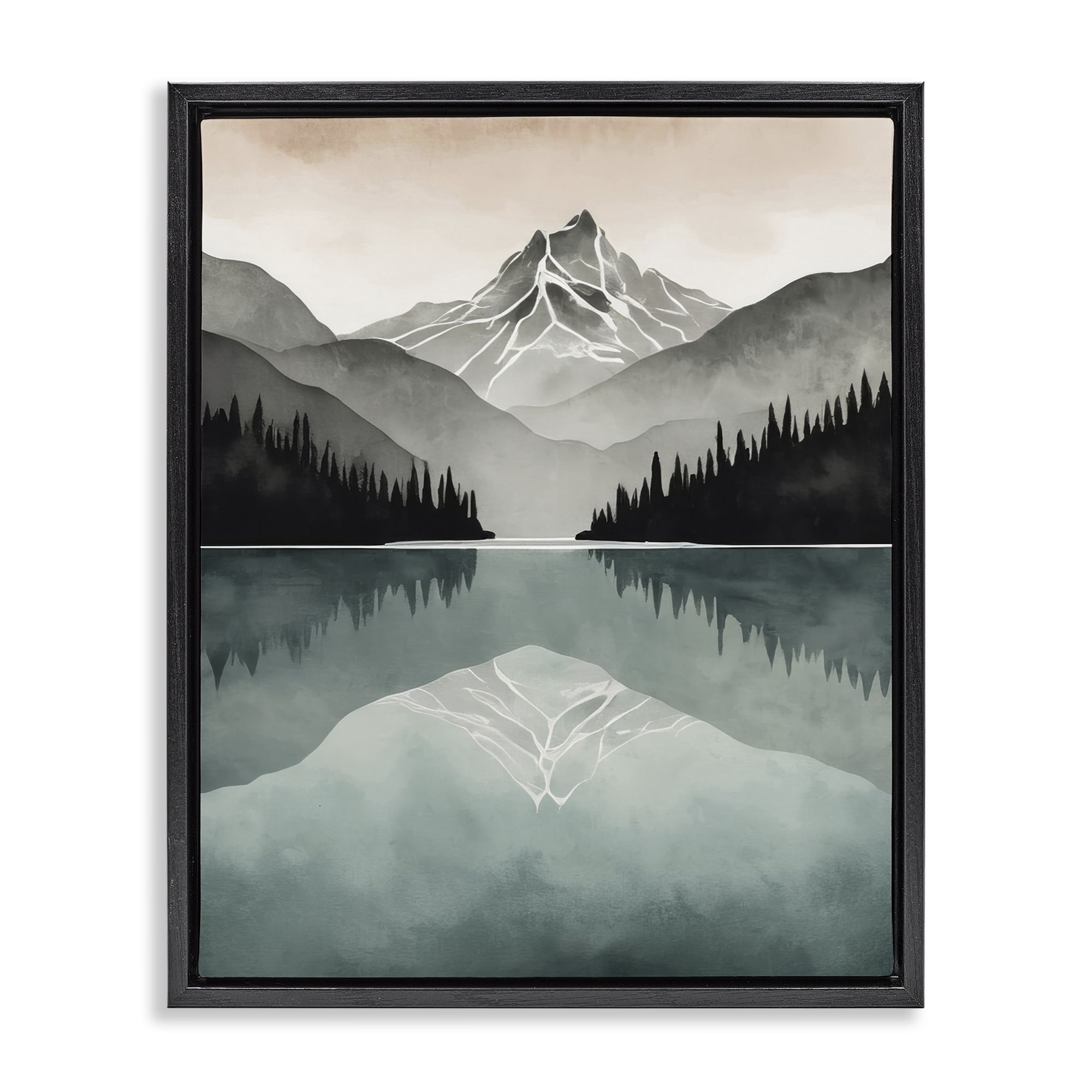 Stupell Industries Mountain Reflecting over Lake Landscape Painting Black Floater Framed Art Print Wall Art, 17 x 21