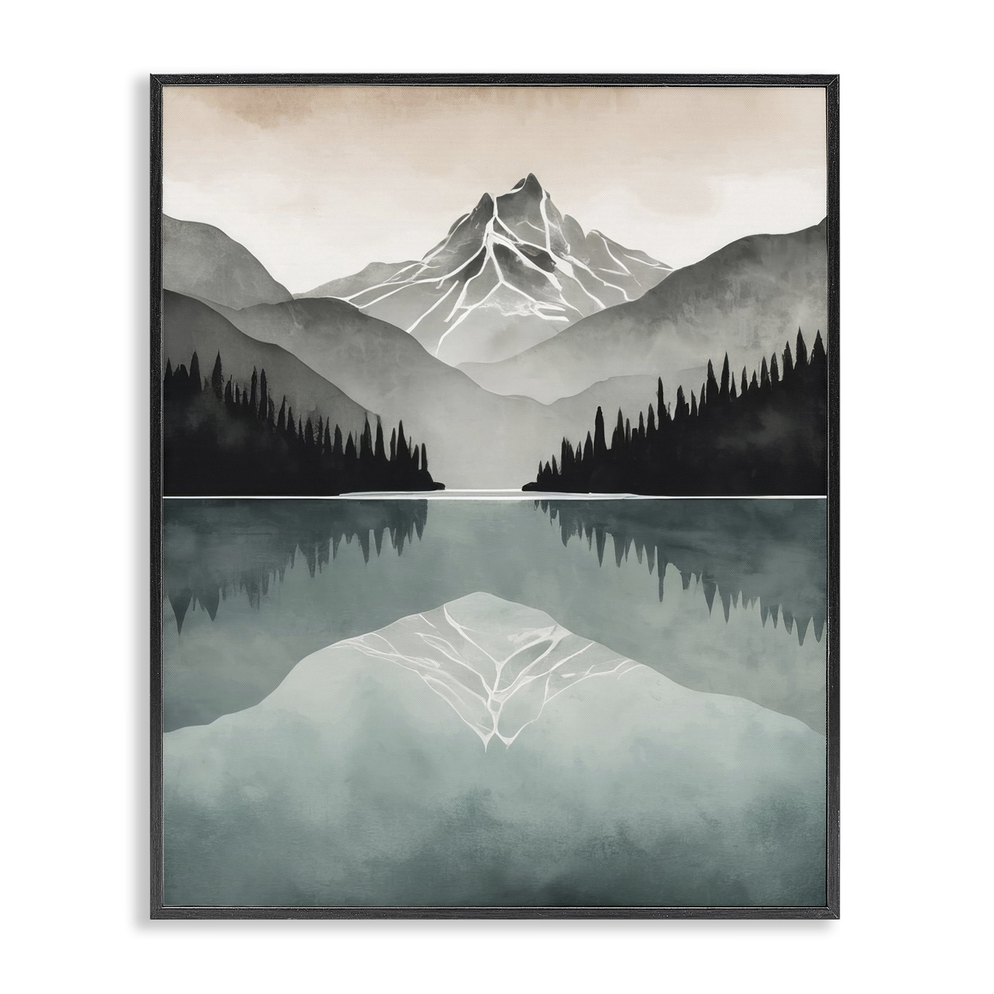 Stupell Industries Mountain Reflecting over Lake Landscape Painting Black Framed Art Print Wall Art, 24 x 30