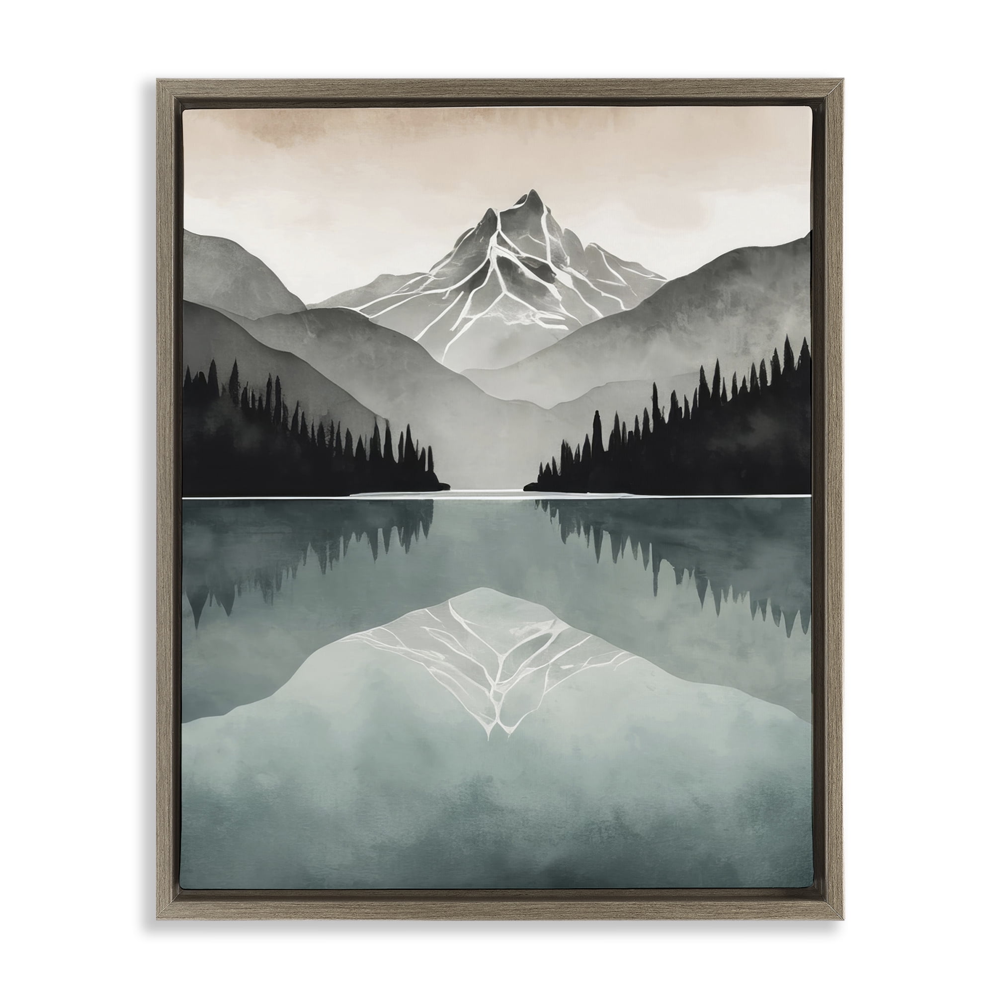 Stupell Industries Mountain Reflecting over Lake Landscape Painting Brown Floater Framed Art Print Wall Art, 25 x 31